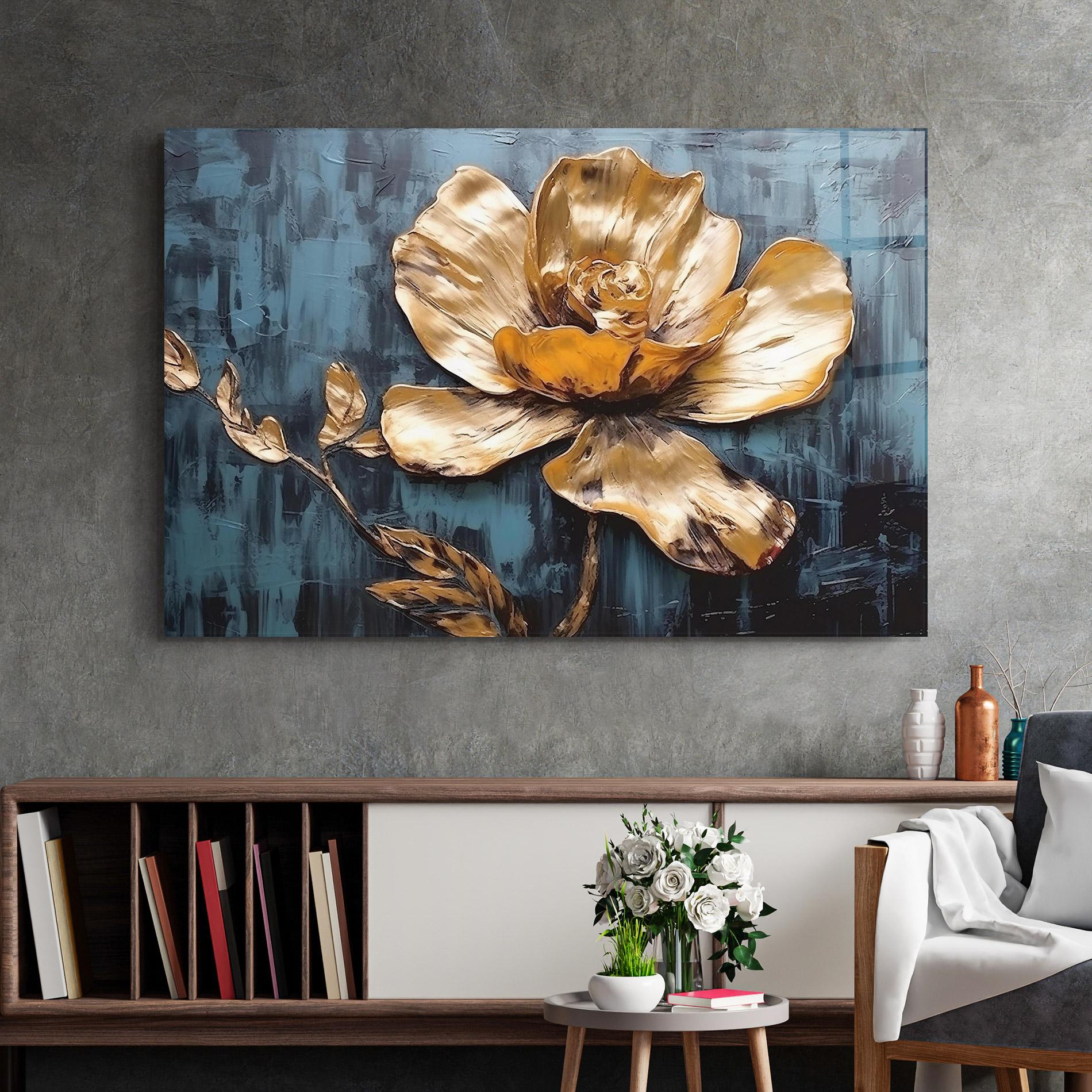 Tablou Sticla Golden Rose On Blue mockup 2