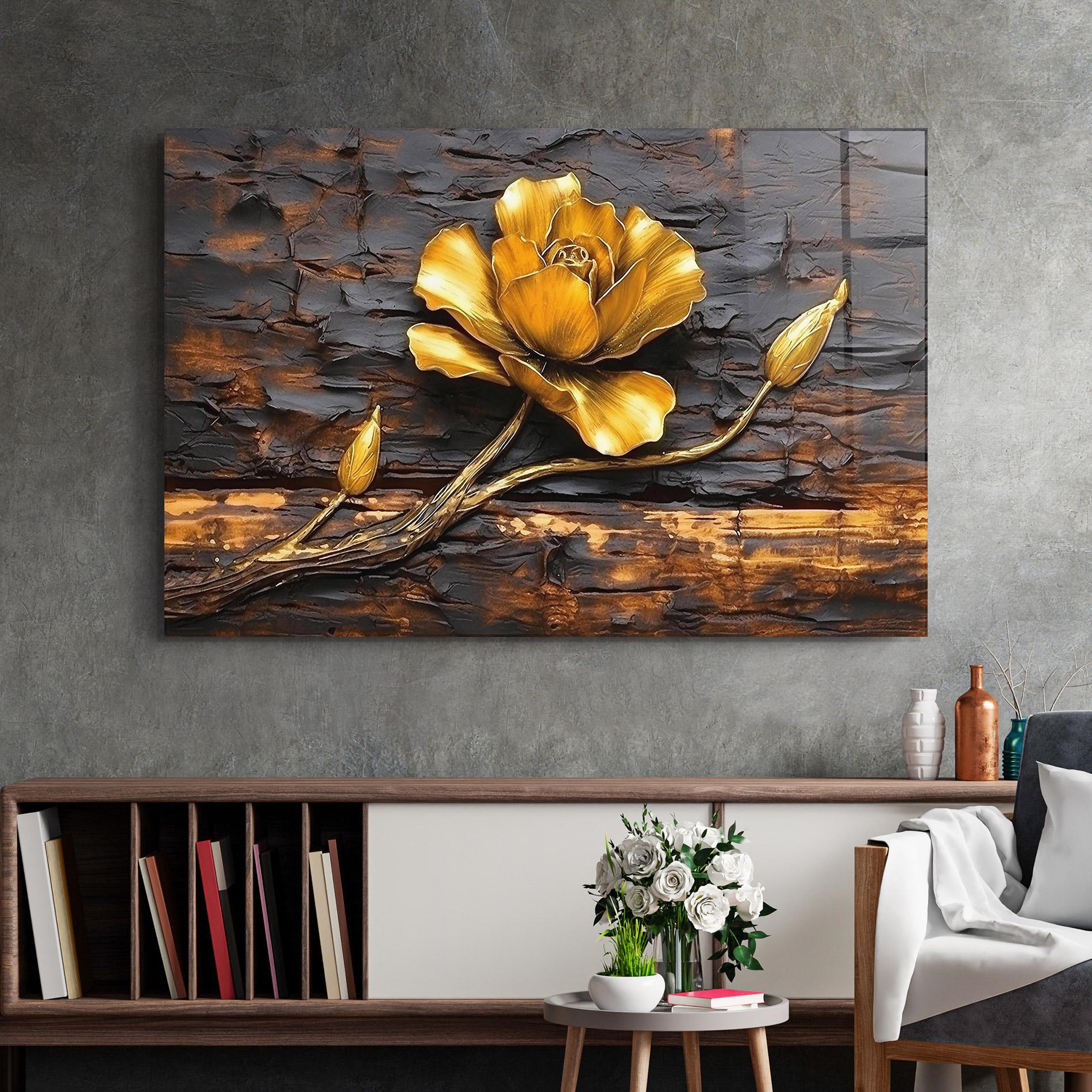 Tablou Sticla Golden Rose On Wood mockup 2