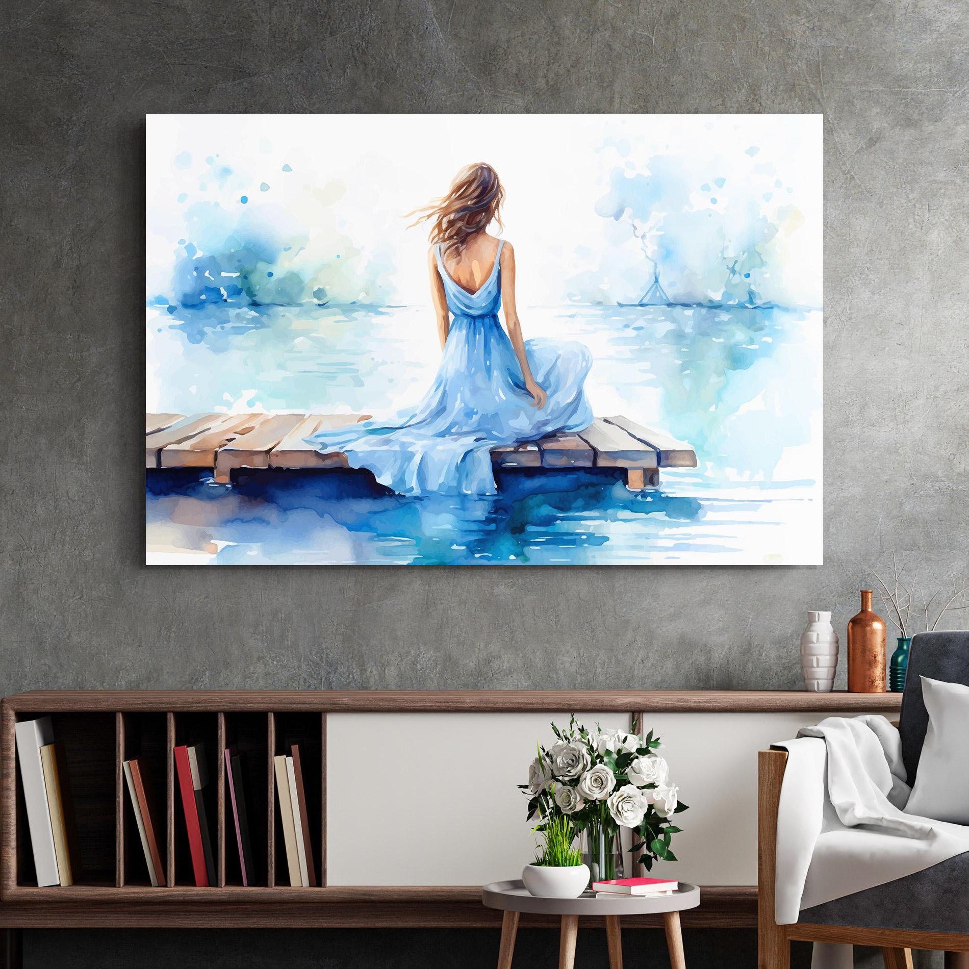 Tablou Sticla Lake Blue Woman mockup 2