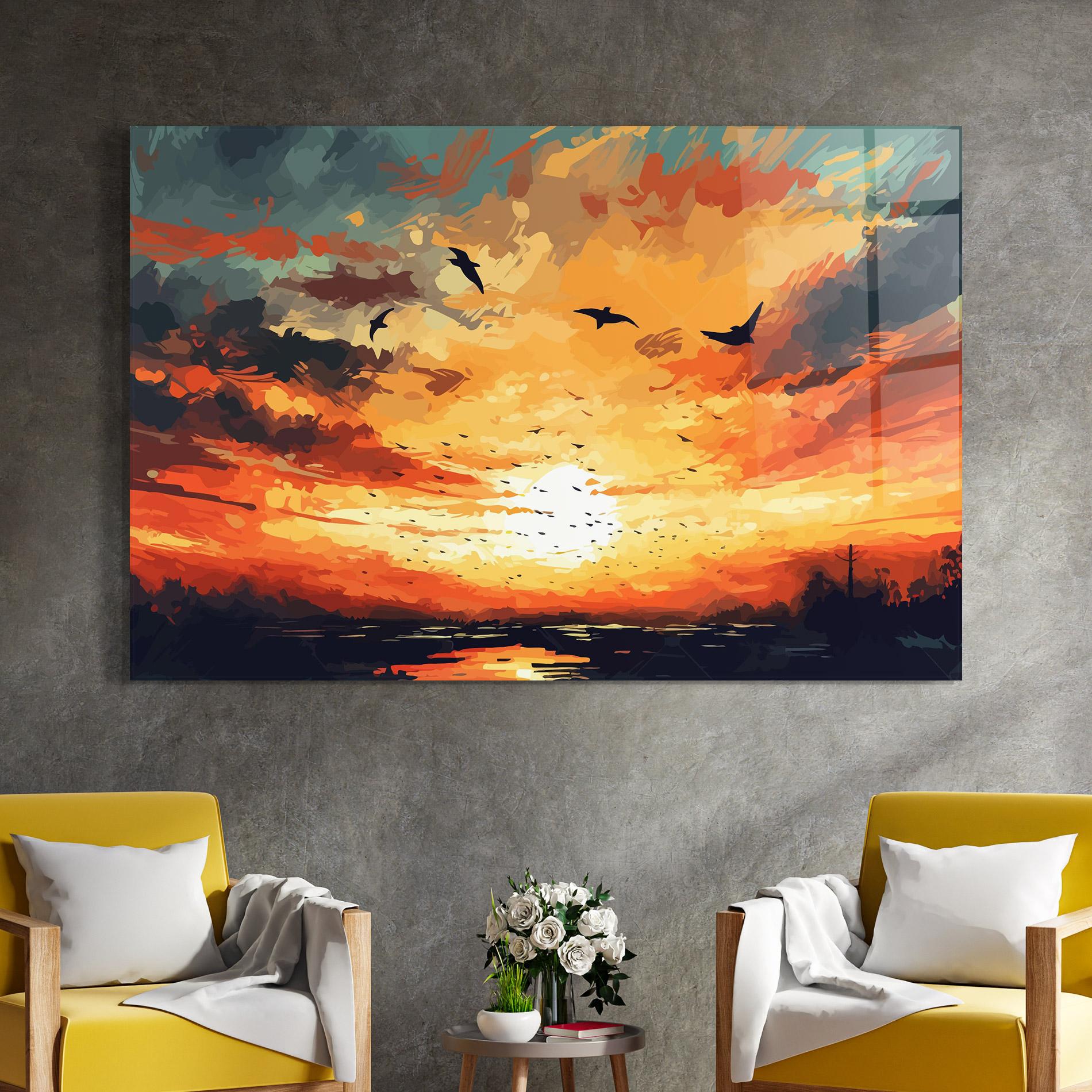 Tablou Sticla Blue Sunset Birds mockup 4