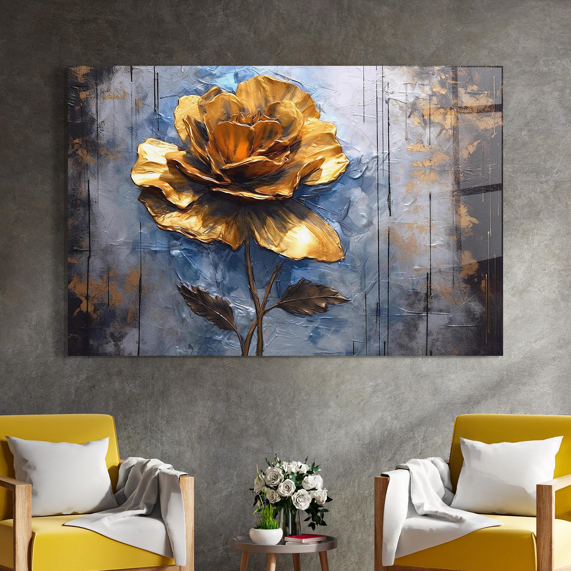 Tablou Sticla Golden Rose Art On Blue mockup 4
