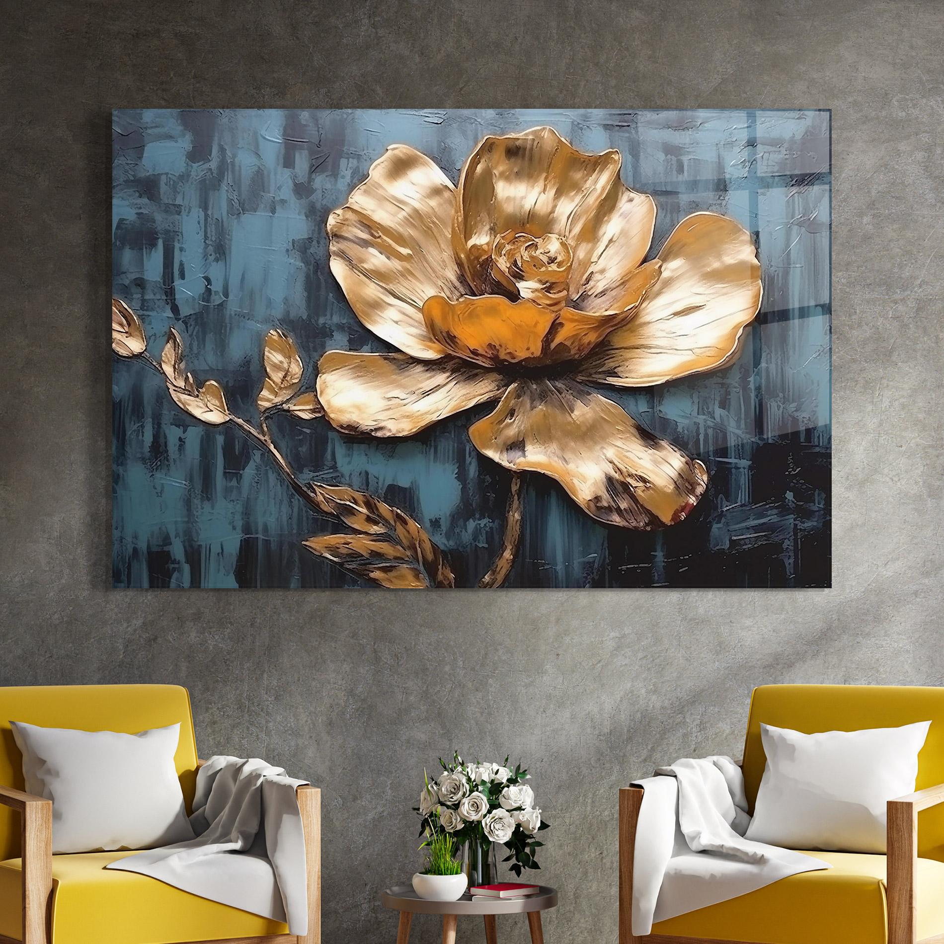 Tablou Sticla Golden Rose On Blue mockup 4