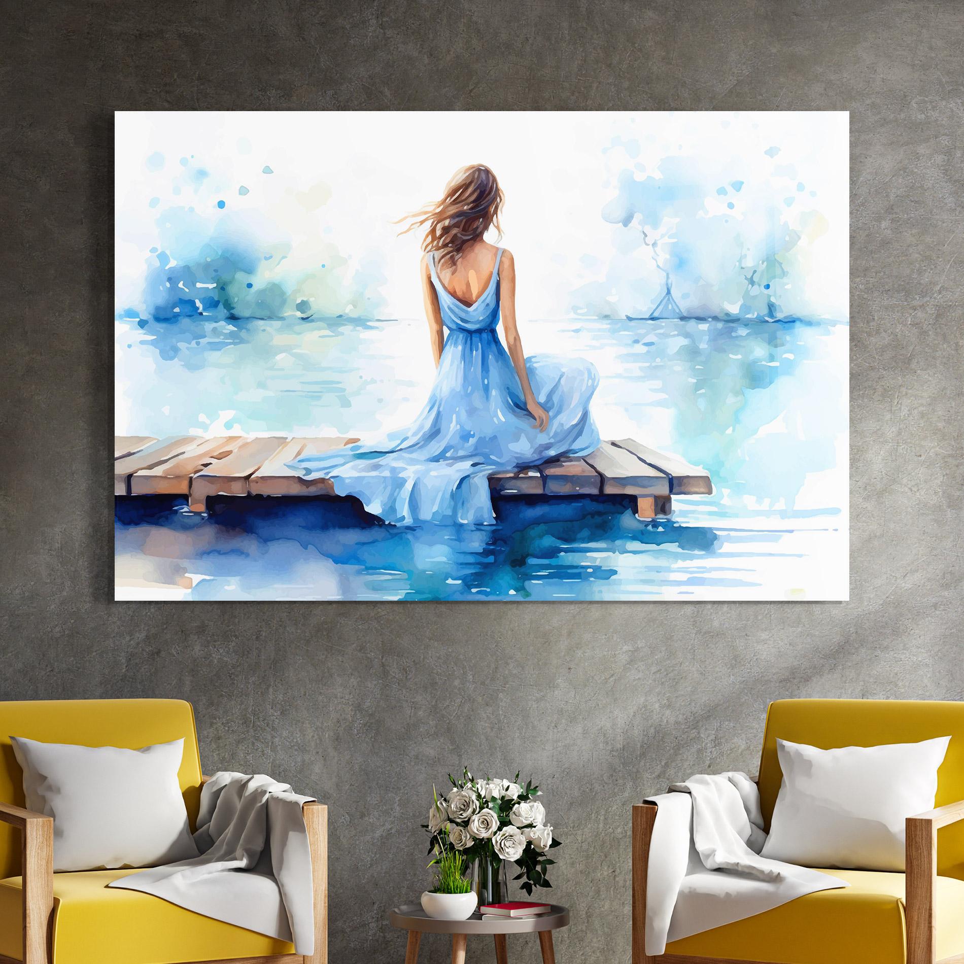 Tablou Sticla Lake Blue Woman mockup 4