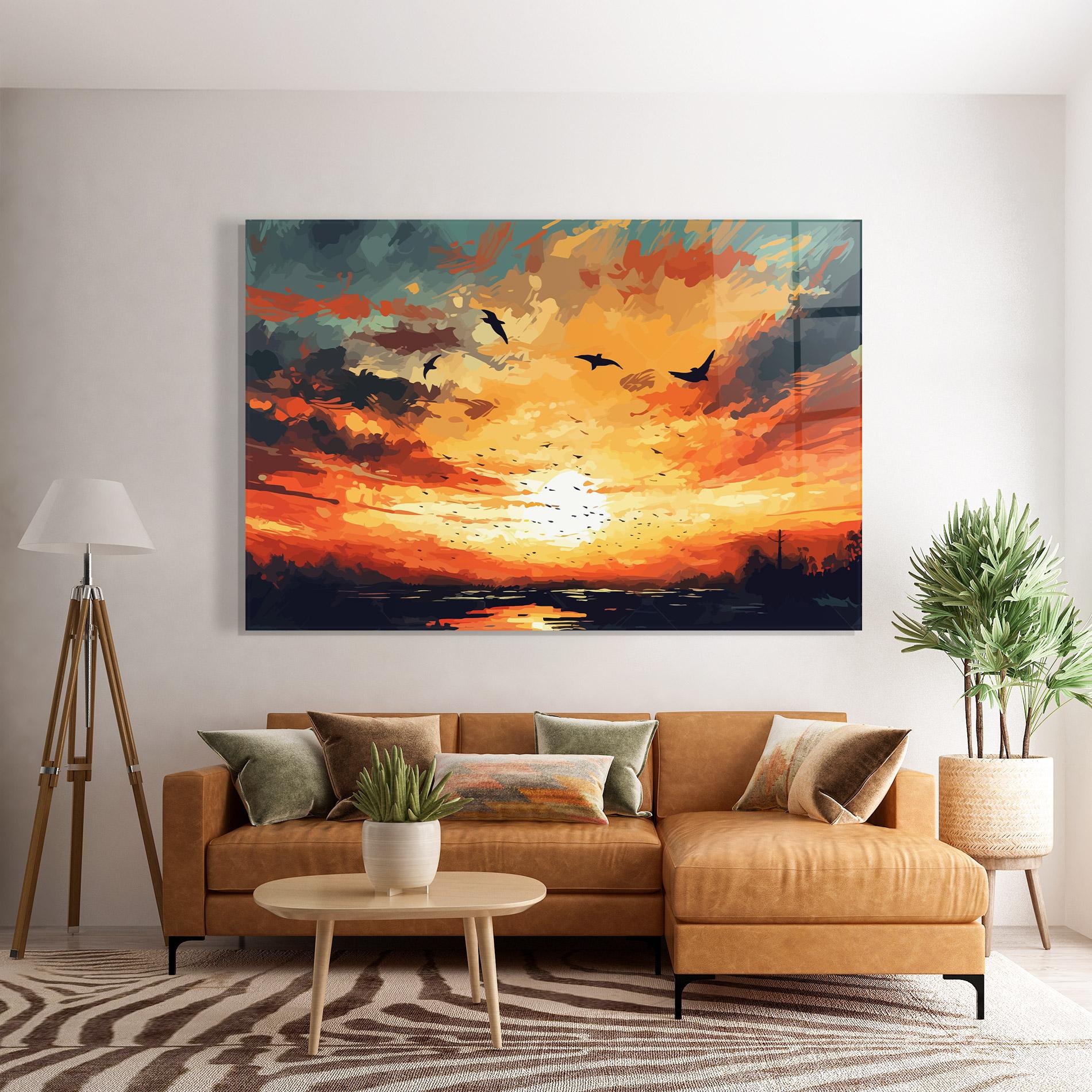 Tablou Sticla Blue Sunset Birds mockup 7