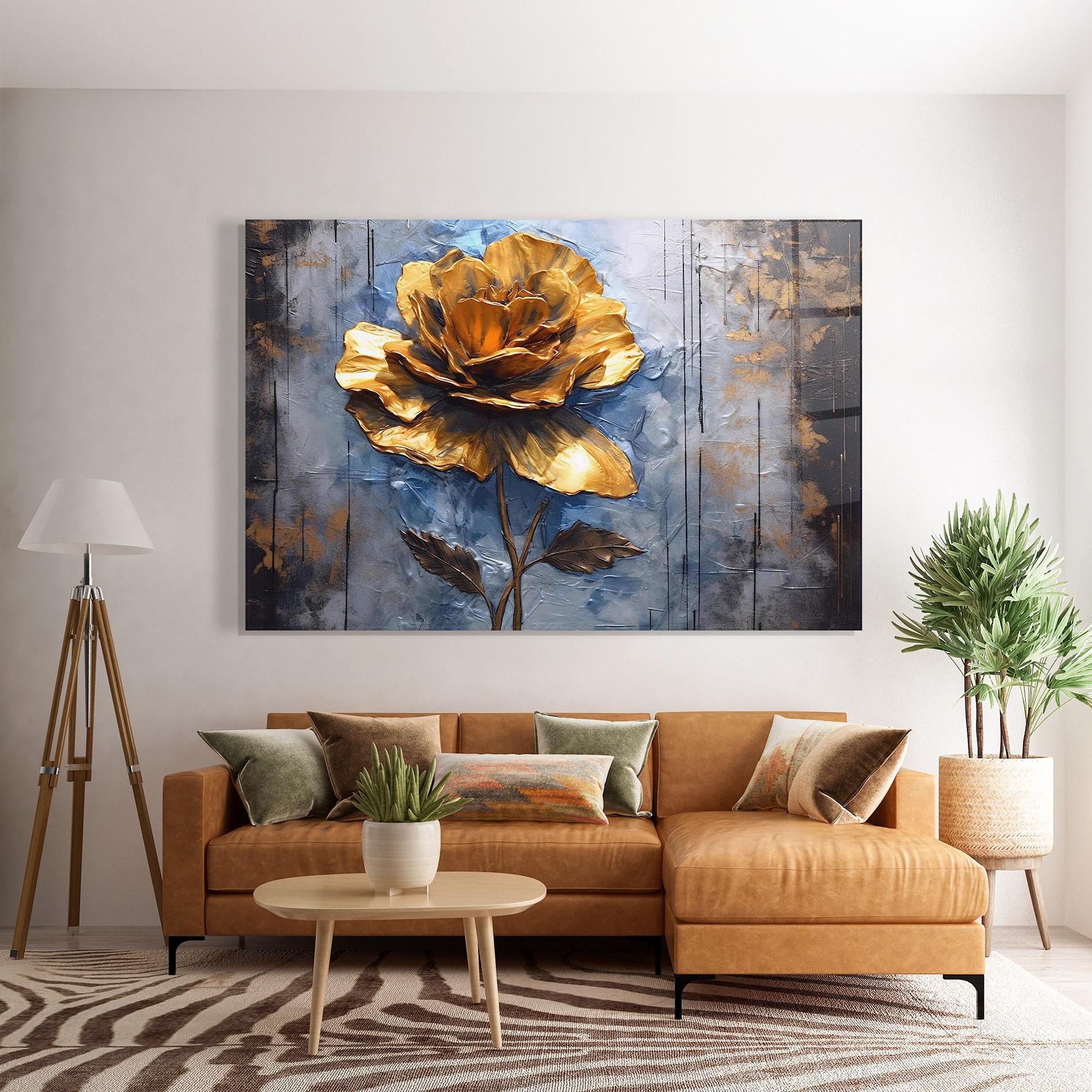 Tablou Sticla Golden Rose Art On Blue mockup 7