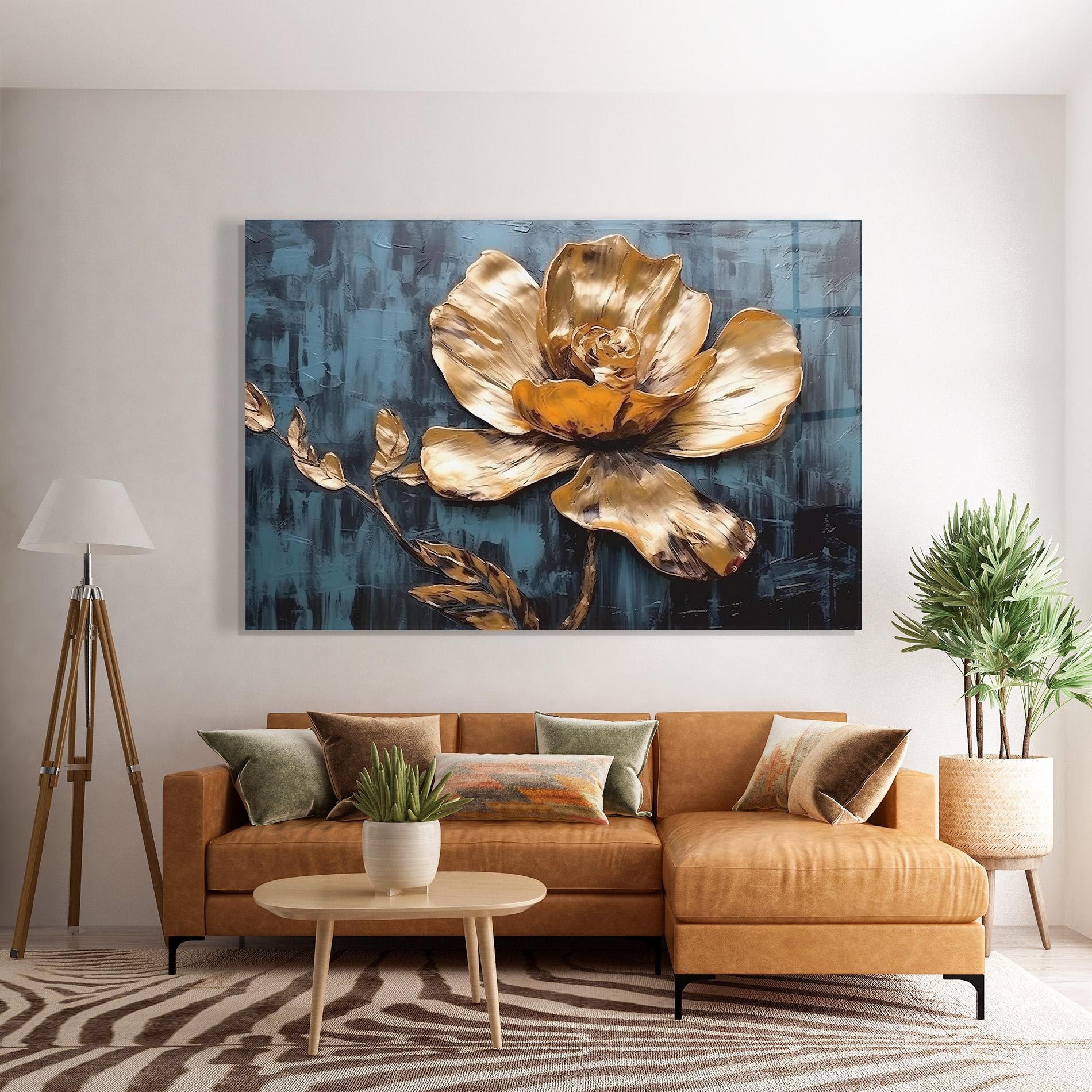 Tablou Sticla Golden Rose On Blue mockup 7