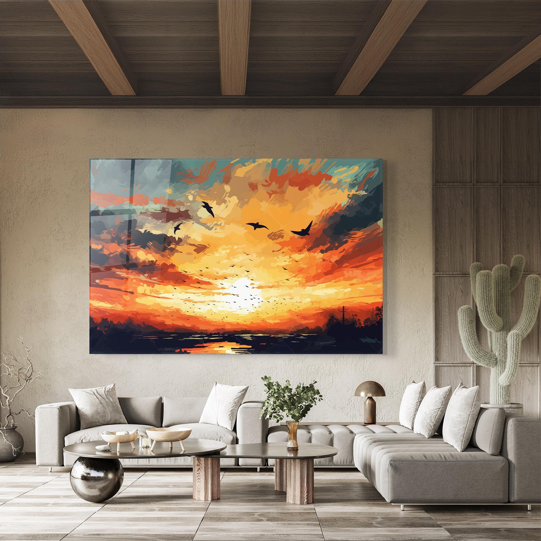 Tablou Sticla Blue Sunset Birds mockup 8