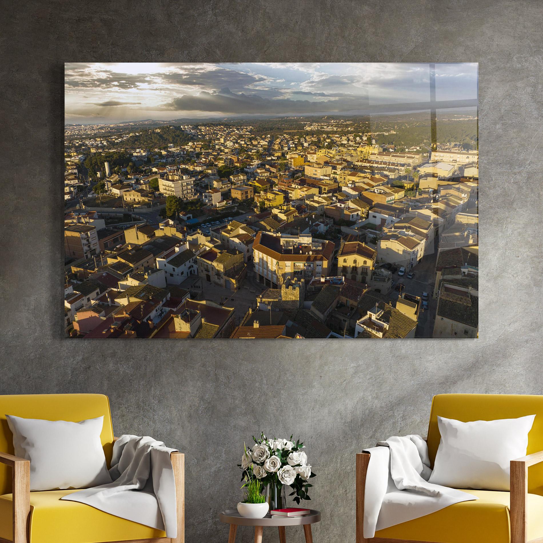 Tablou Sticla Streets Town Sunrise mockup 4