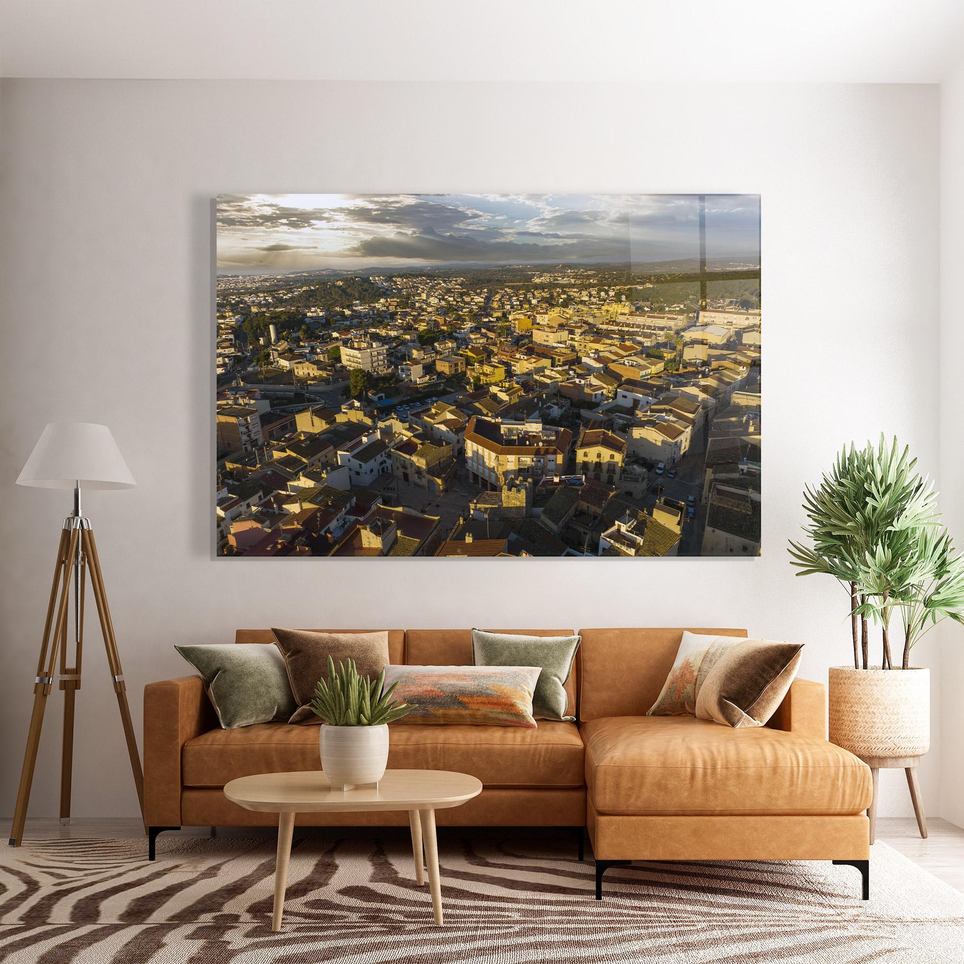 Tablou Sticla Streets Town Sunrise mockup 7