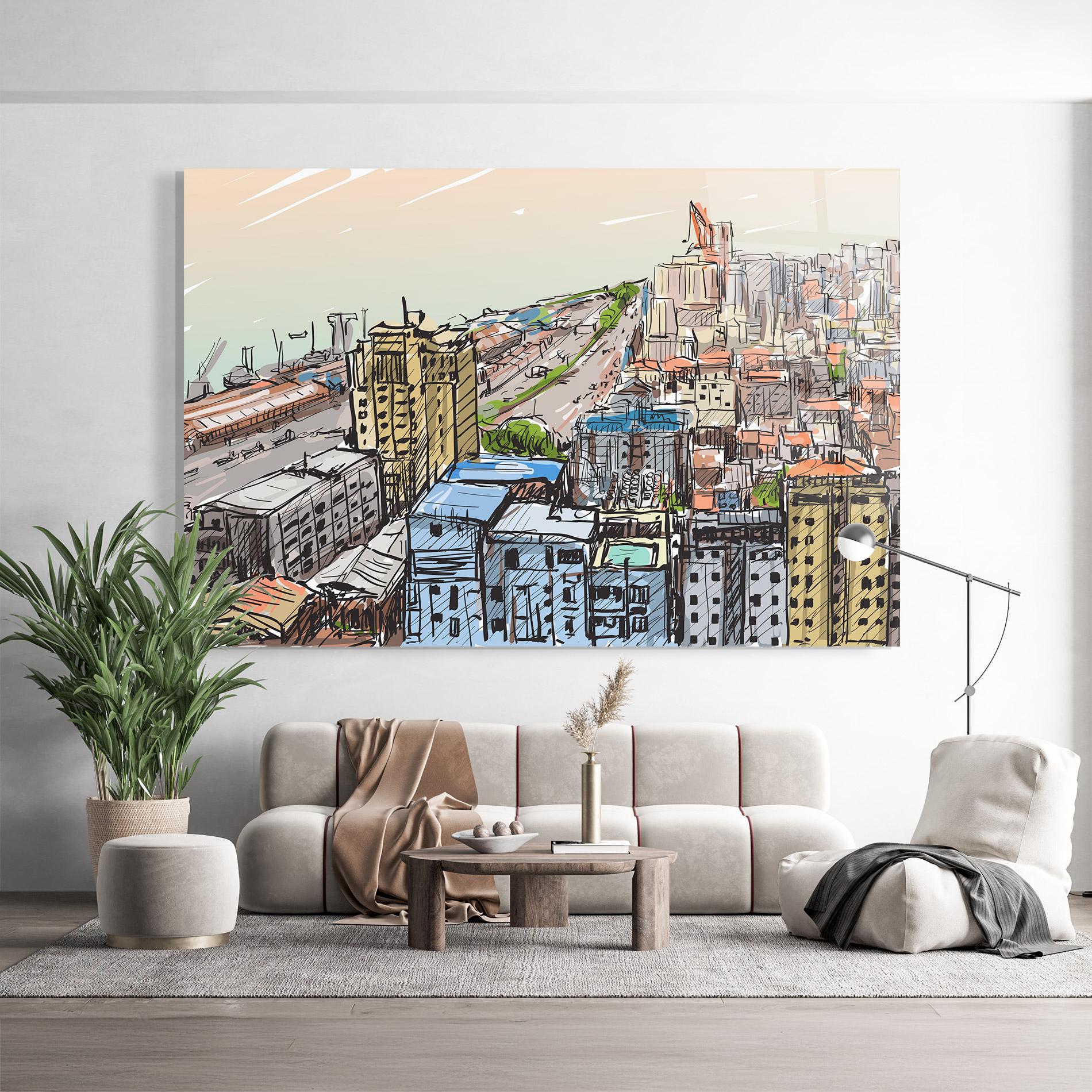 Tablou Sticla Colorful City Drawing mockup 9