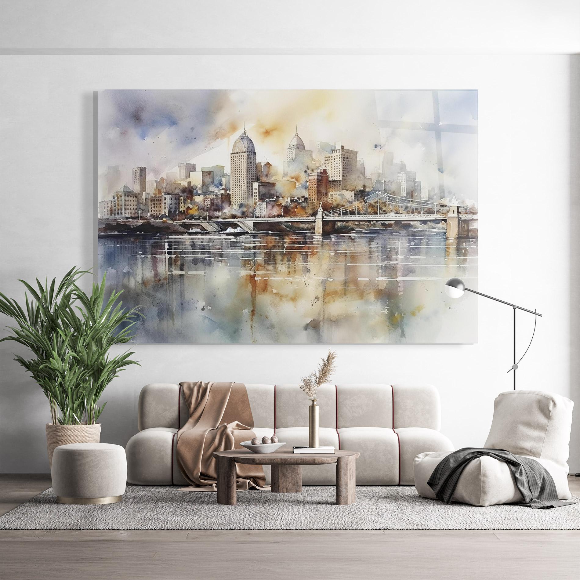 Tablou Sticla Watercolor Skyline mockup 9