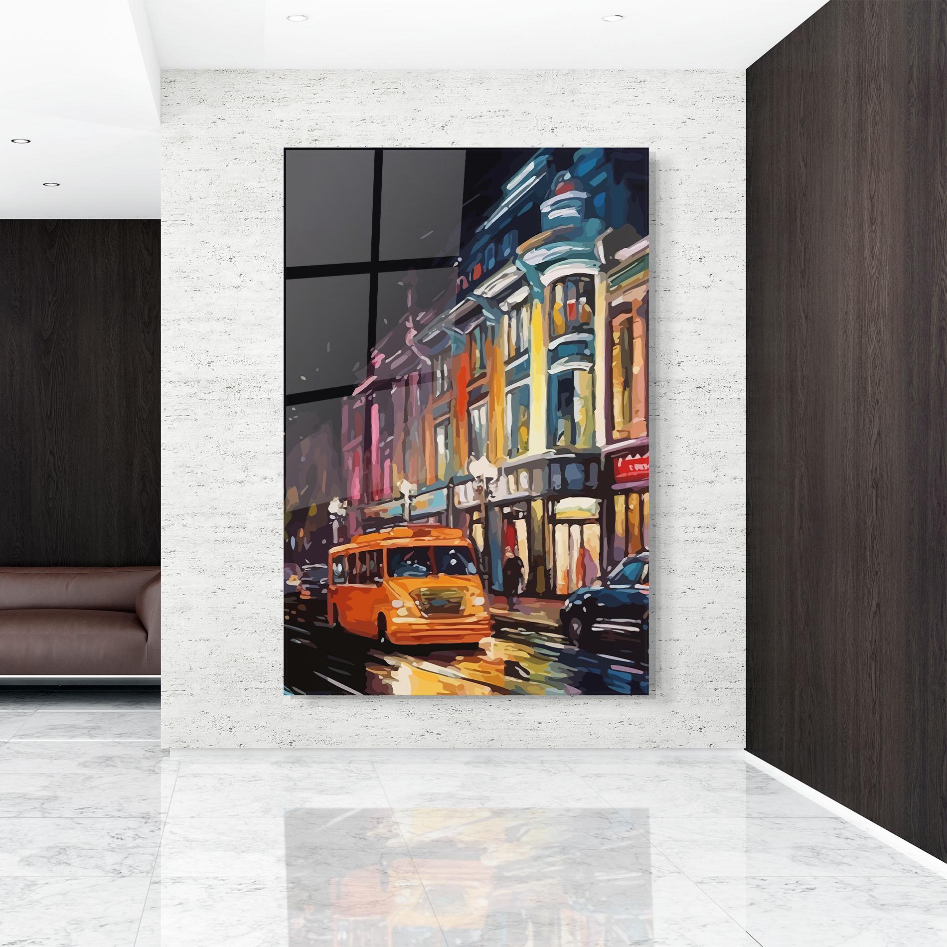 Tablou Sticla Yellow Car City Art mockup 9