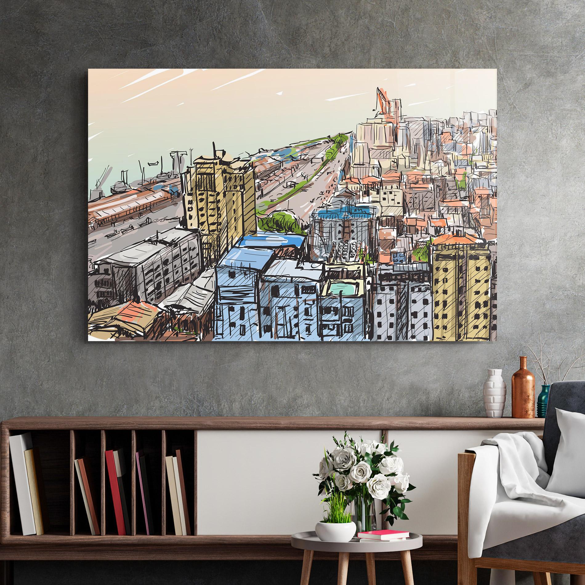 Tablou Sticla Colorful City Drawing mockup 2