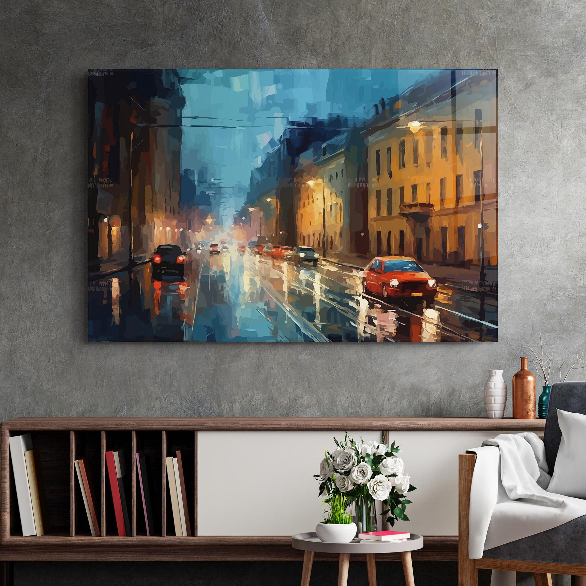 Tablou Sticla Red Car City Night mockup 2