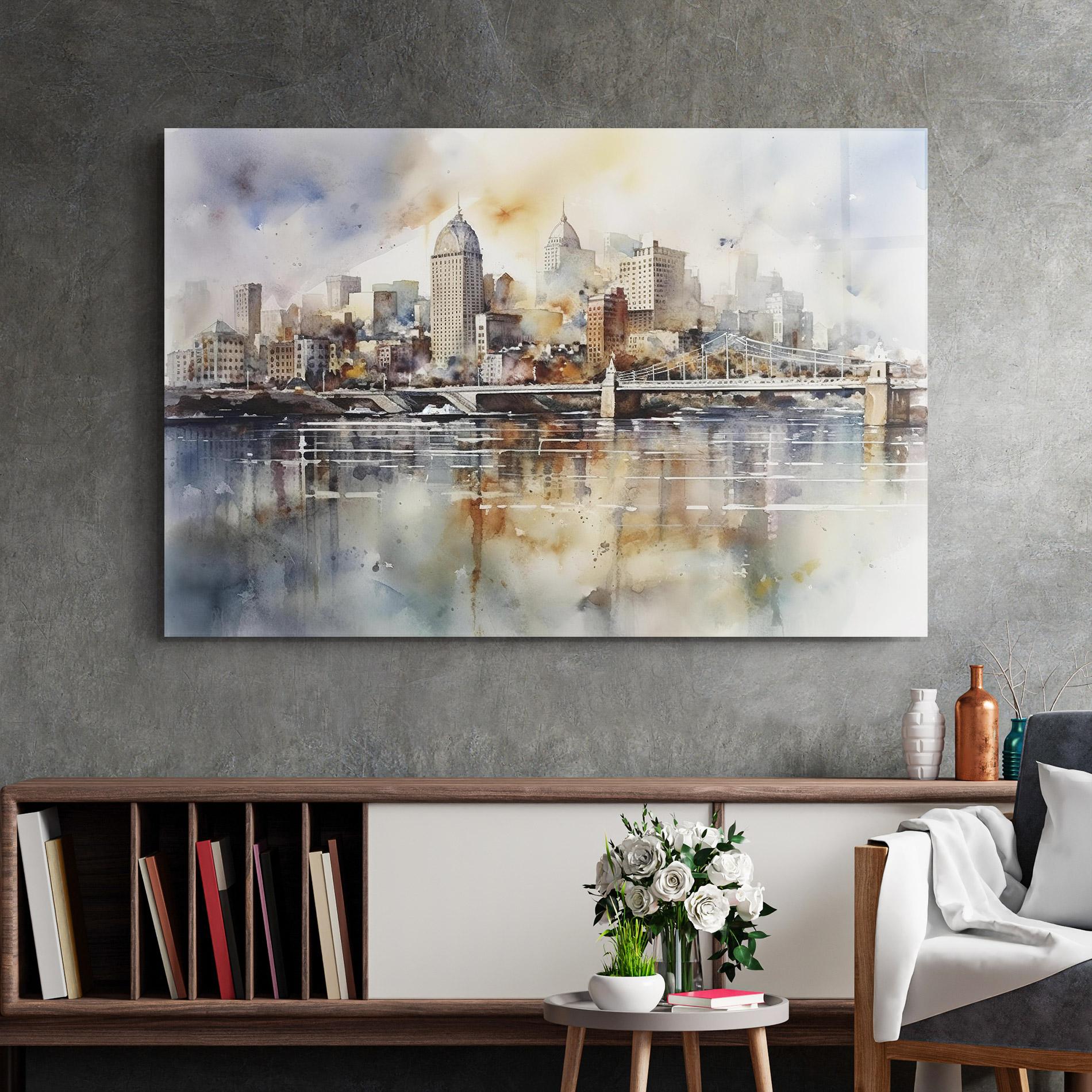 Tablou Sticla Watercolor Skyline mockup 2