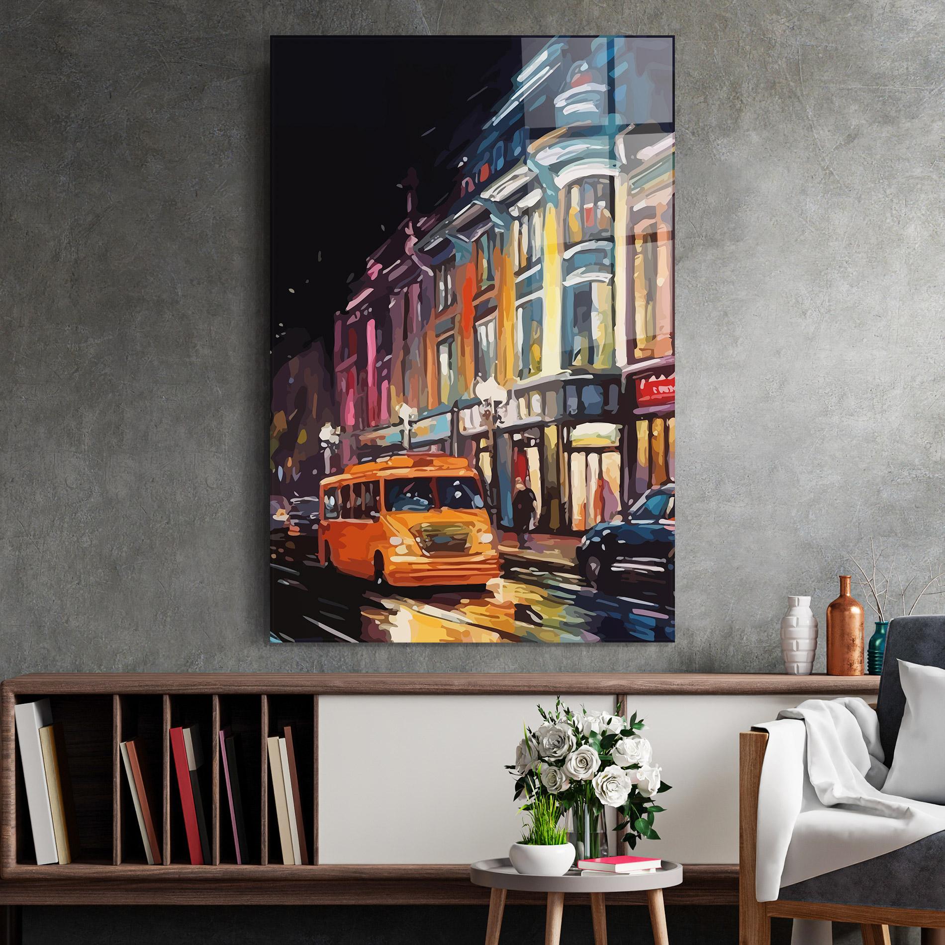 Tablou Sticla Yellow Car City Art mockup 2