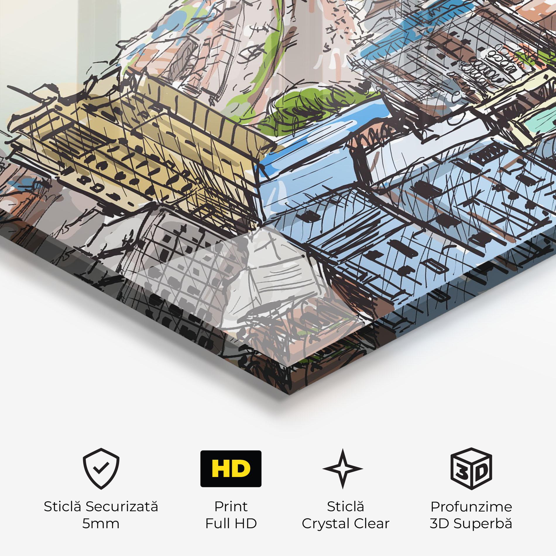 Tablou Sticla Colorful City Drawing mockup 3