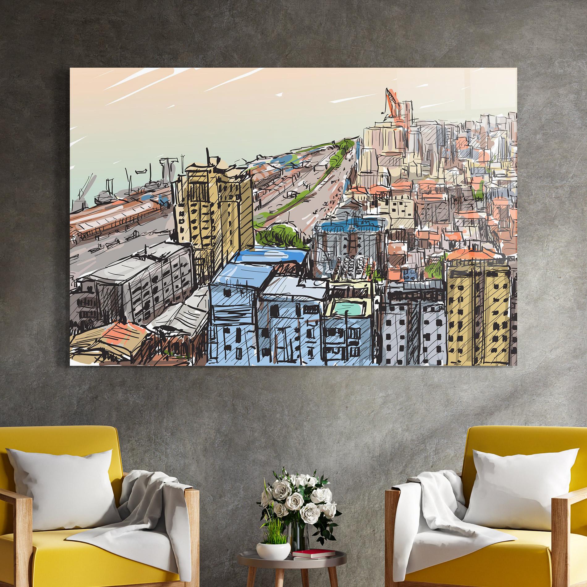 Tablou Sticla Colorful City Drawing mockup 4