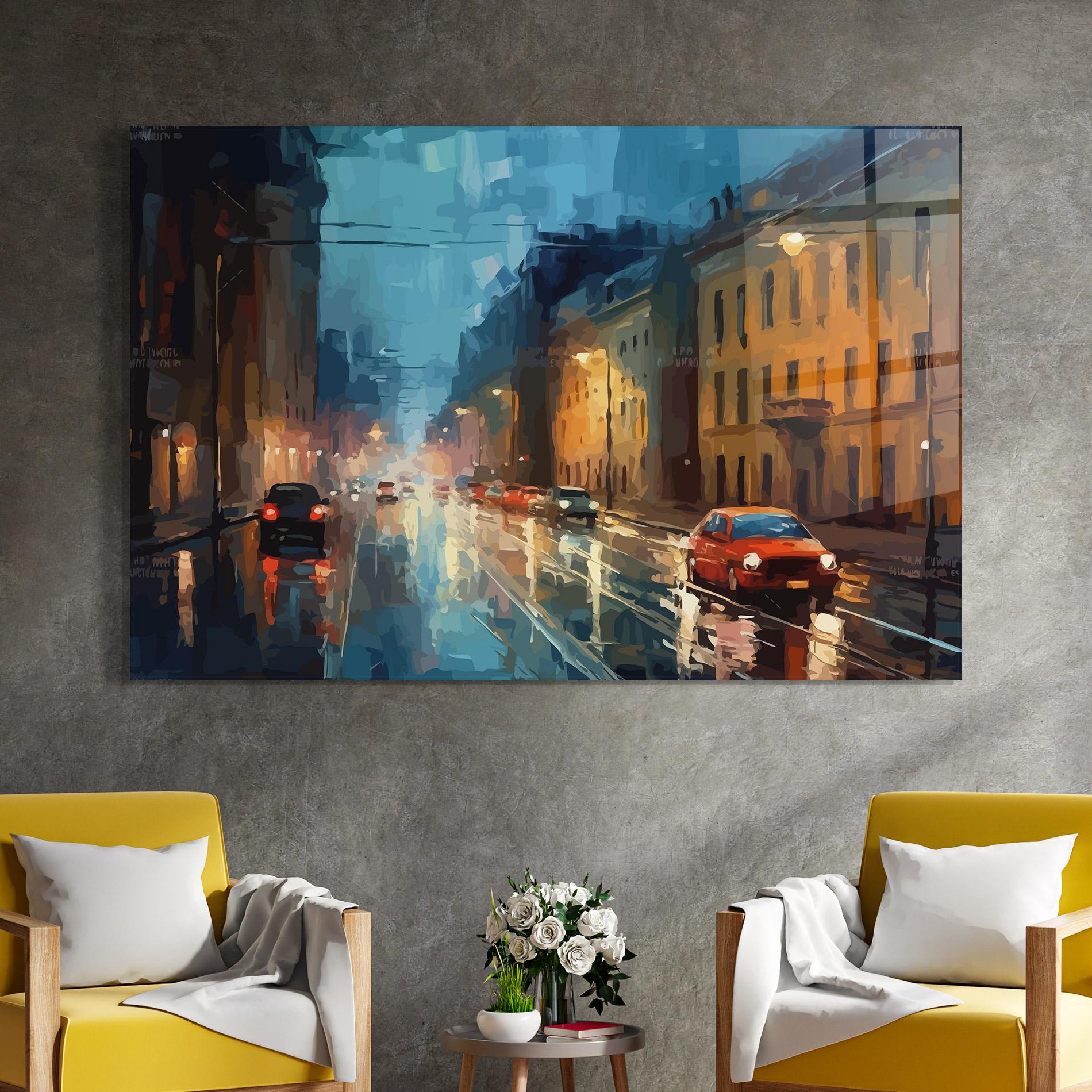 Tablou Sticla Red Car City Night mockup 4