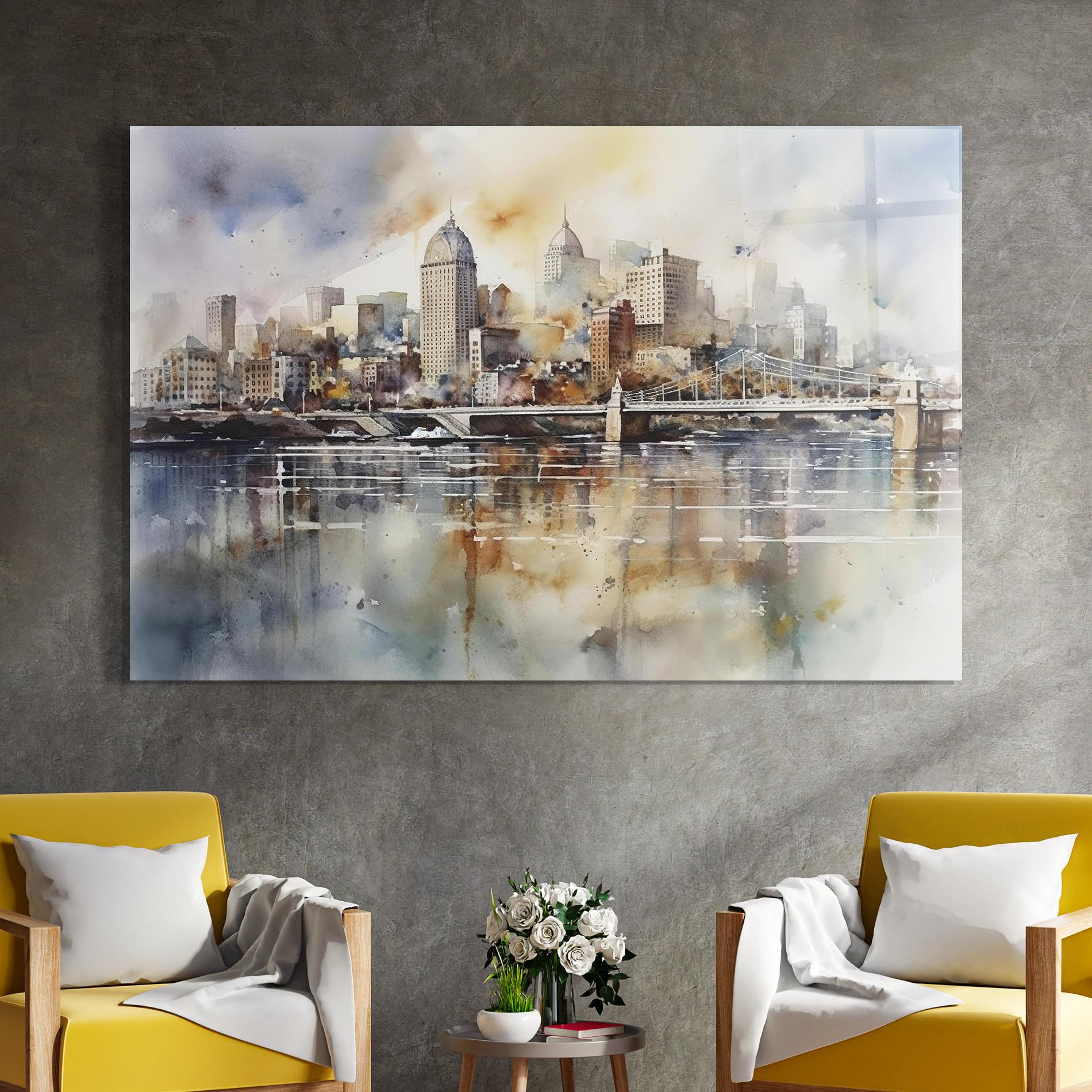 Tablou Sticla Watercolor Skyline mockup 4