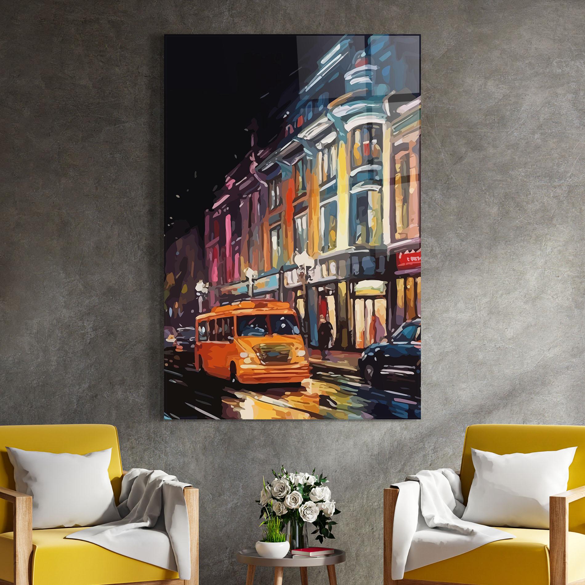 Tablou Sticla Yellow Car City Art mockup 4