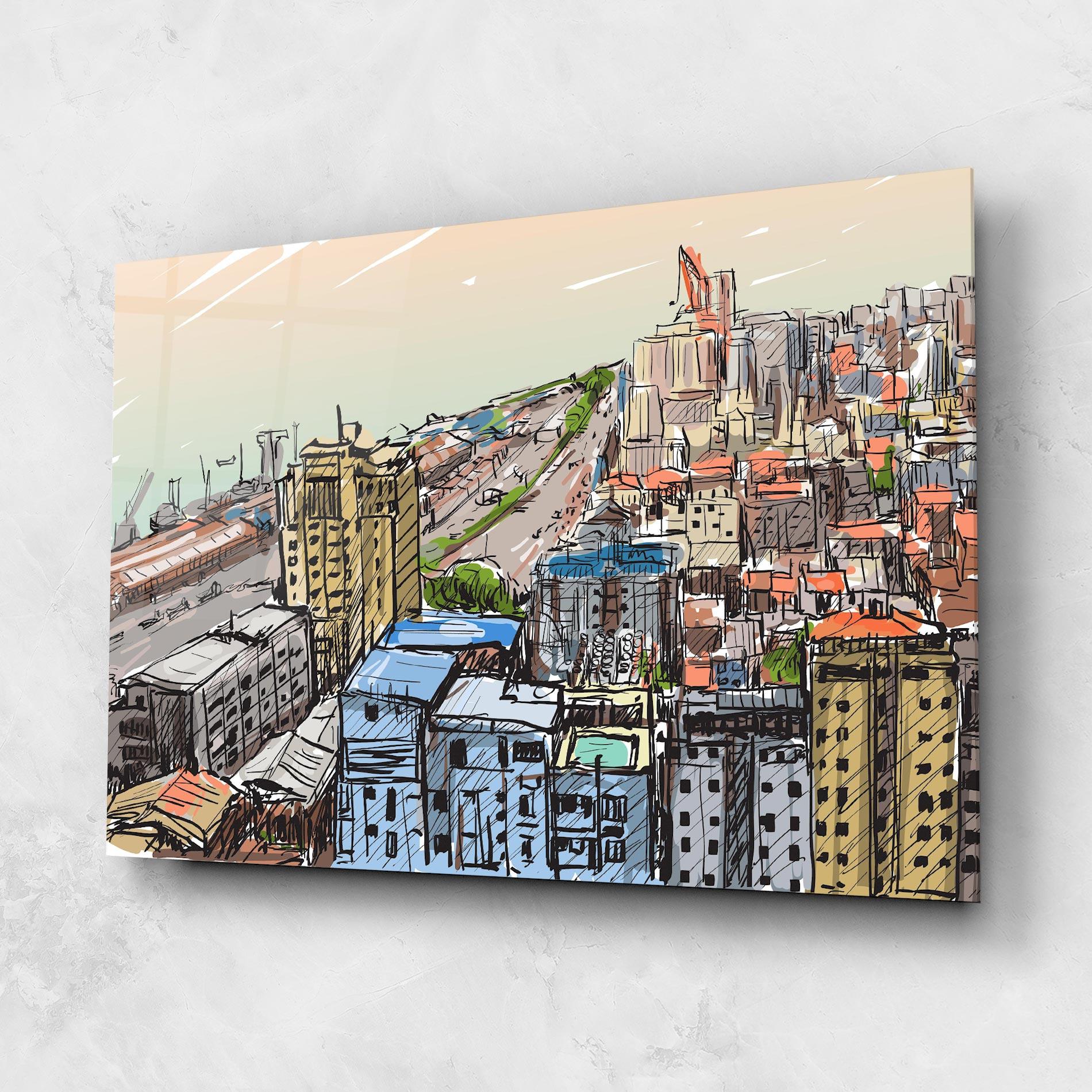 Tablou Sticla Colorful City Drawing mockup 1