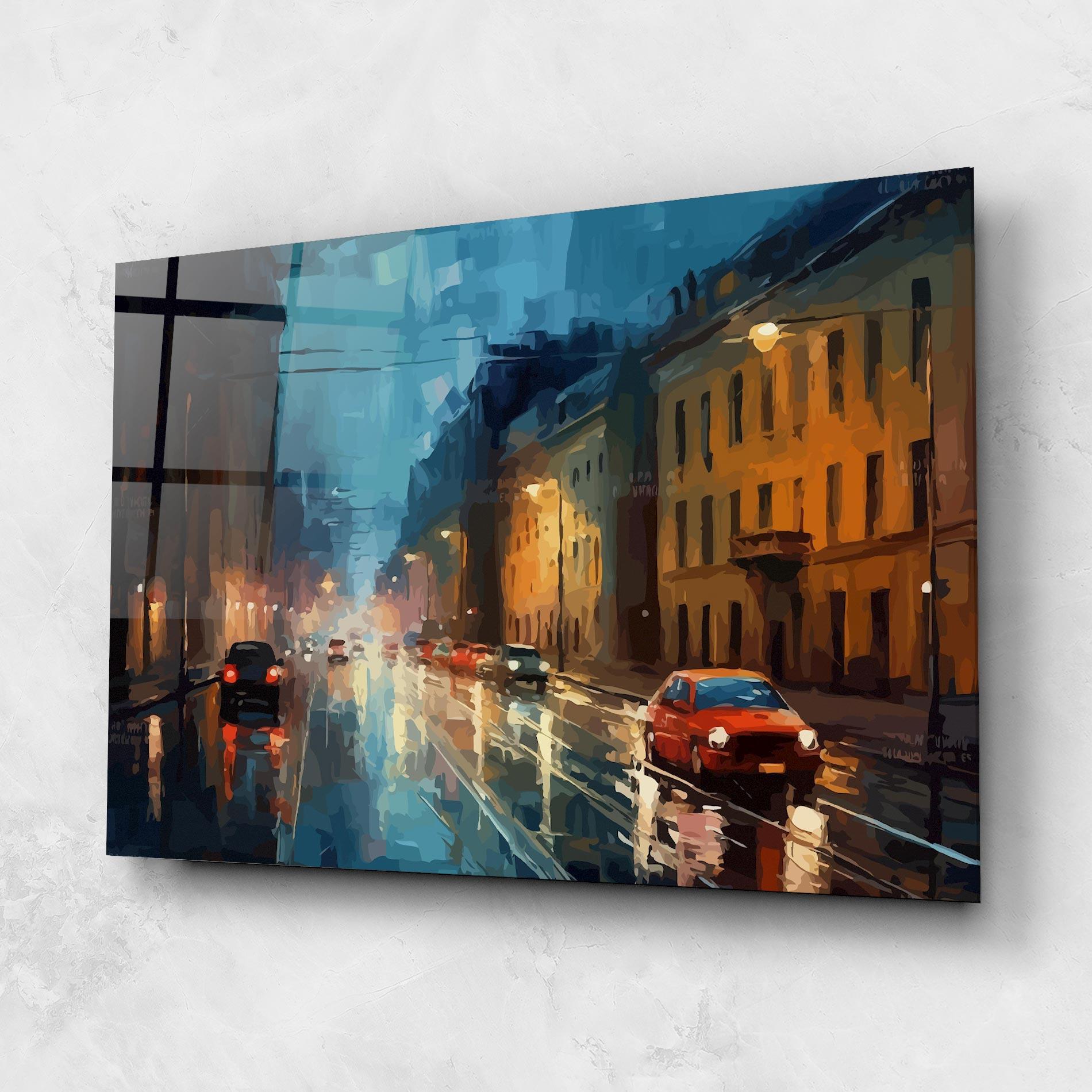 Tablou Sticla Red Car City Night mockup 1