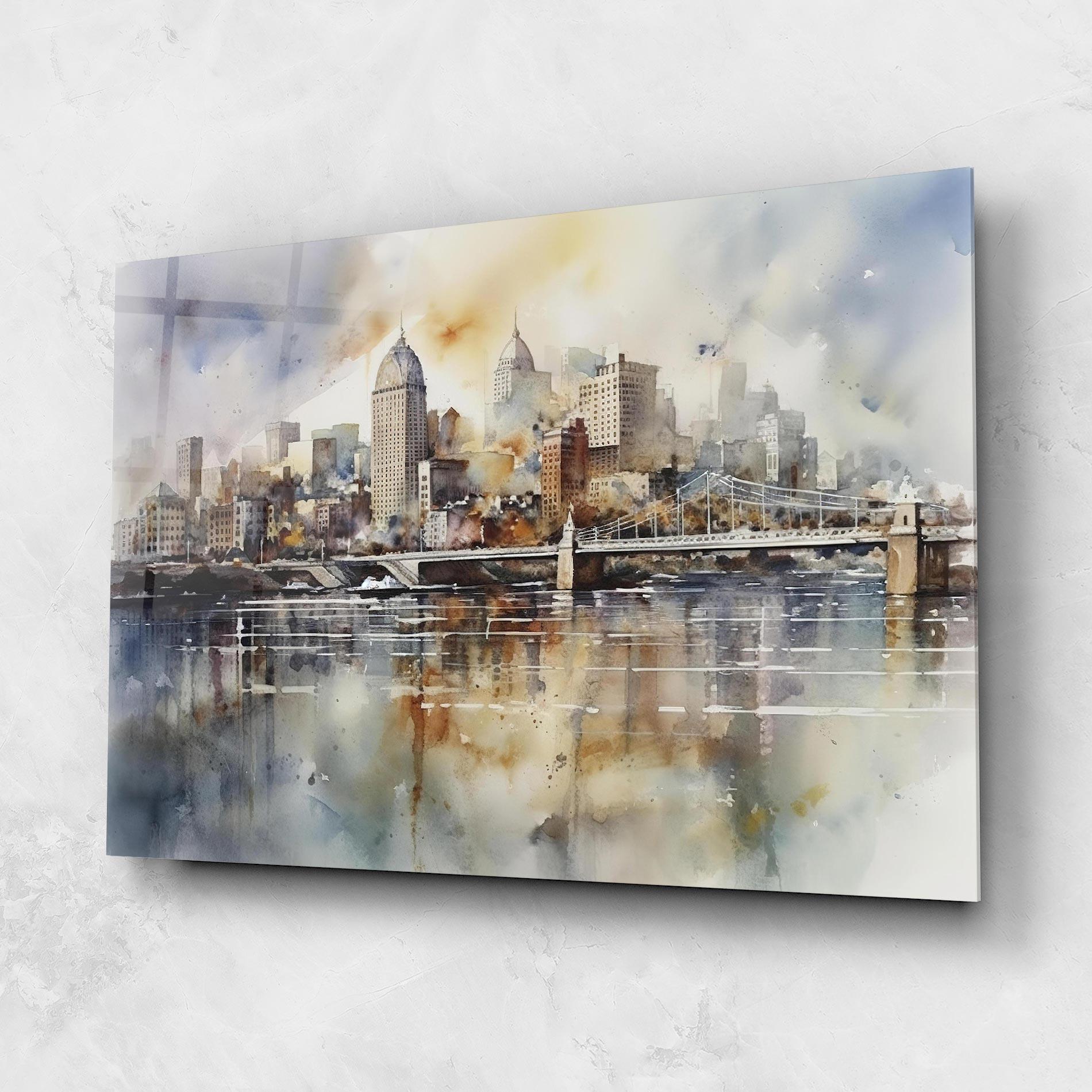 Tablou Sticla Watercolor Skyline mockup 1