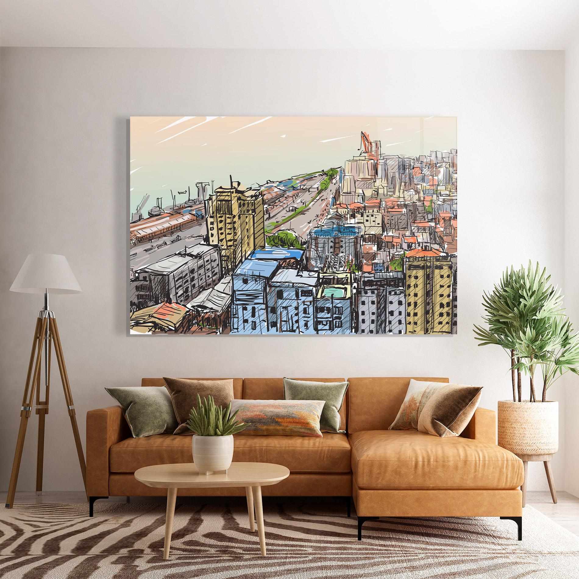 Tablou Sticla Colorful City Drawing mockup 7