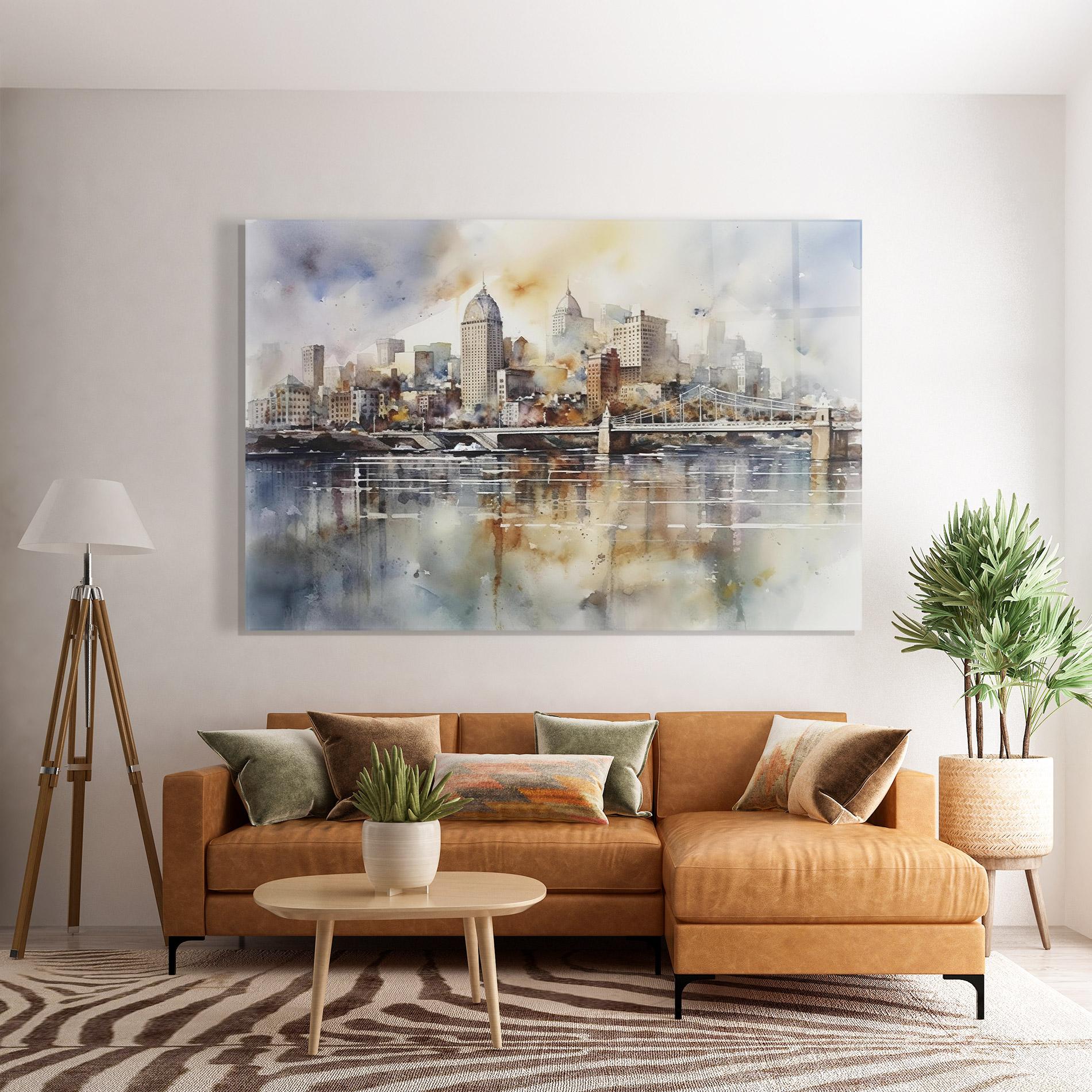 Tablou Sticla Watercolor Skyline mockup 7