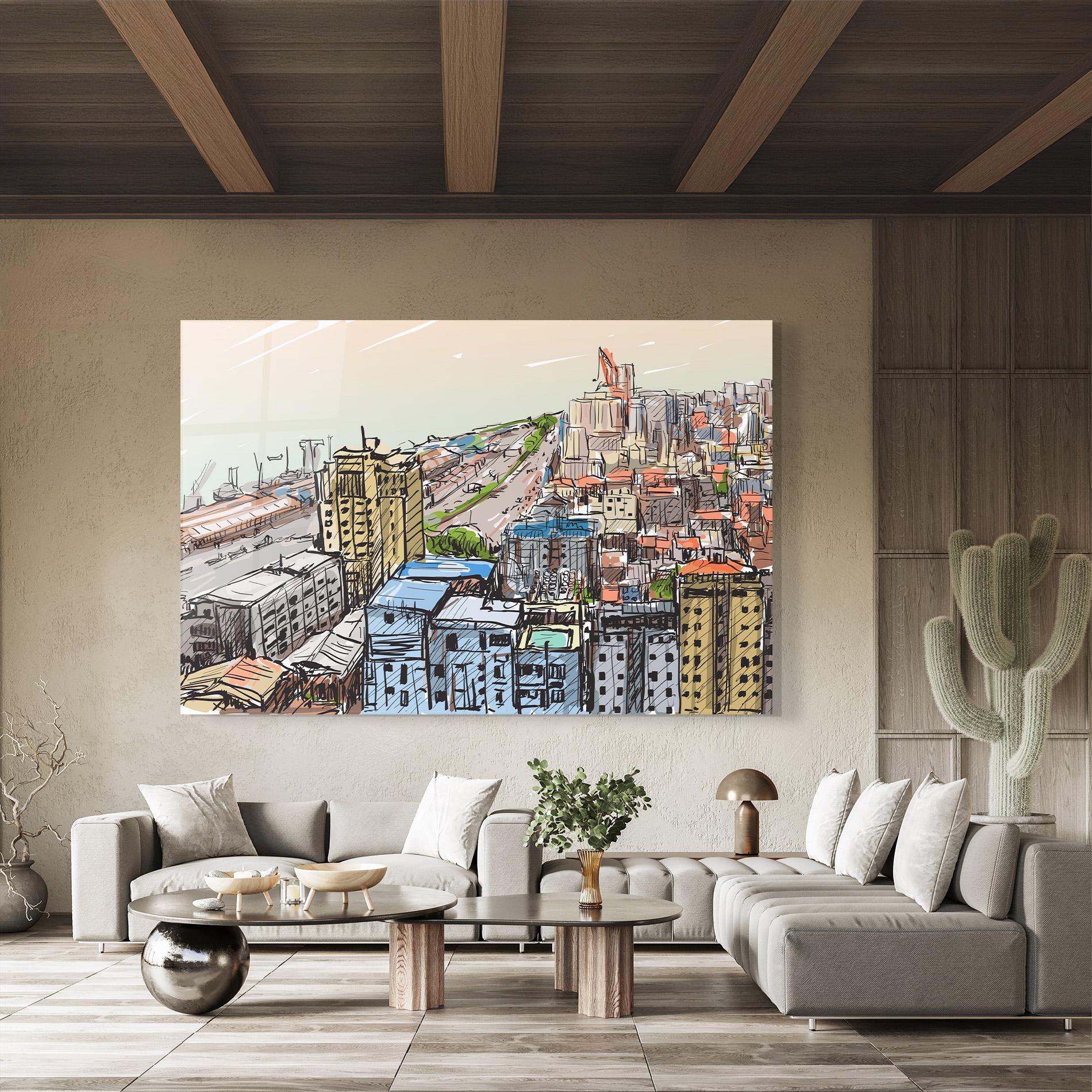 Tablou Sticla Colorful City Drawing mockup 8