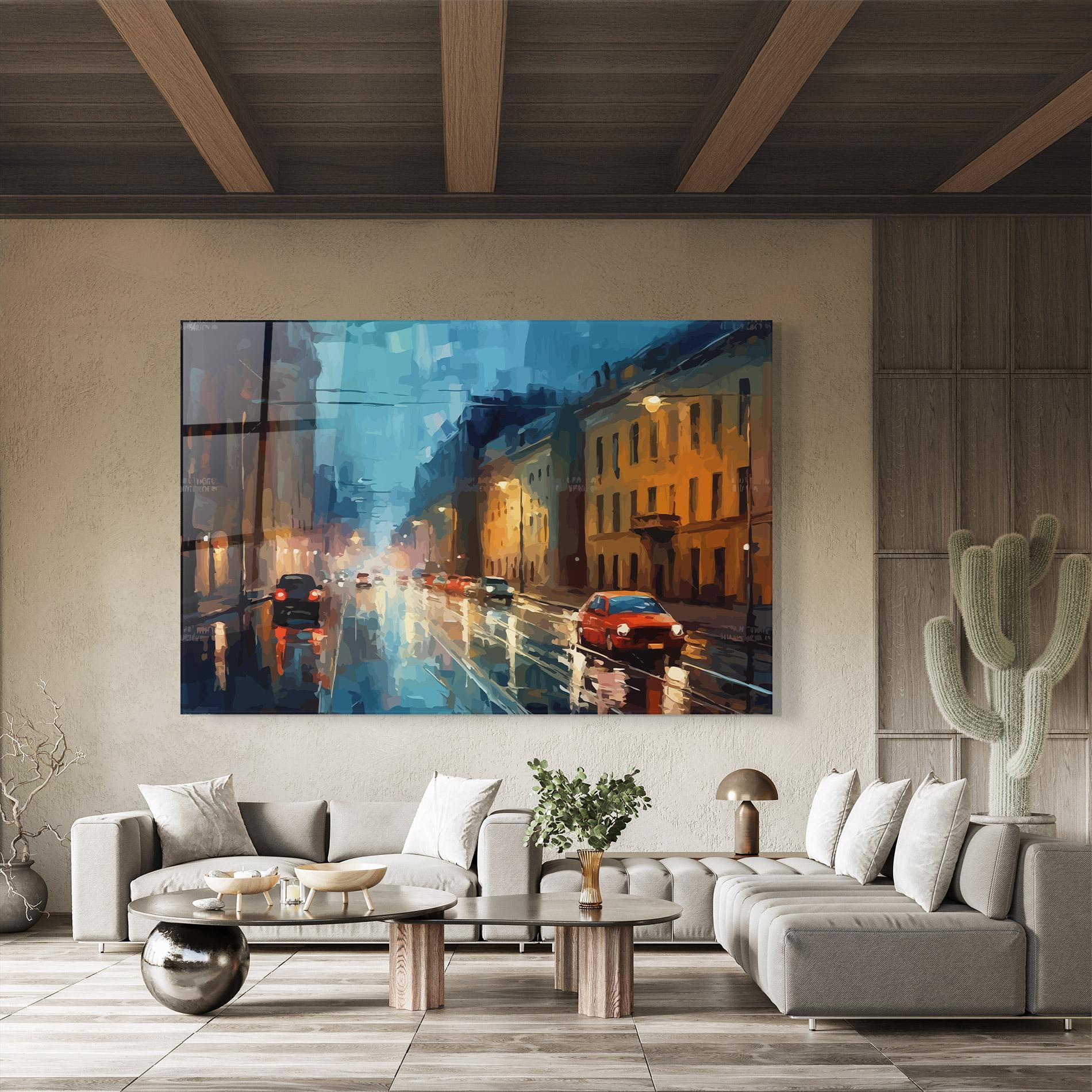 Tablou Sticla Red Car City Night mockup 8