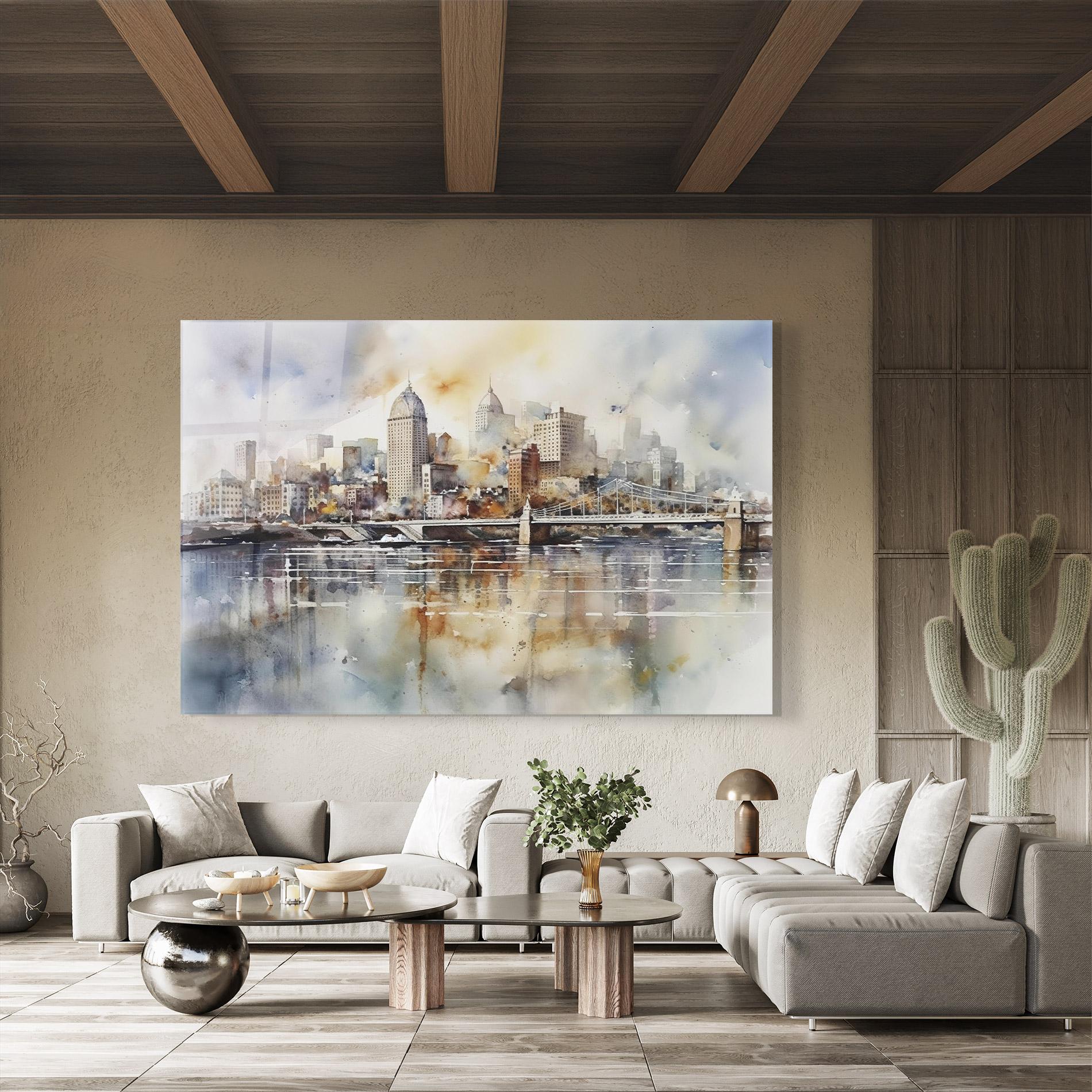 Tablou Sticla Watercolor Skyline mockup 8