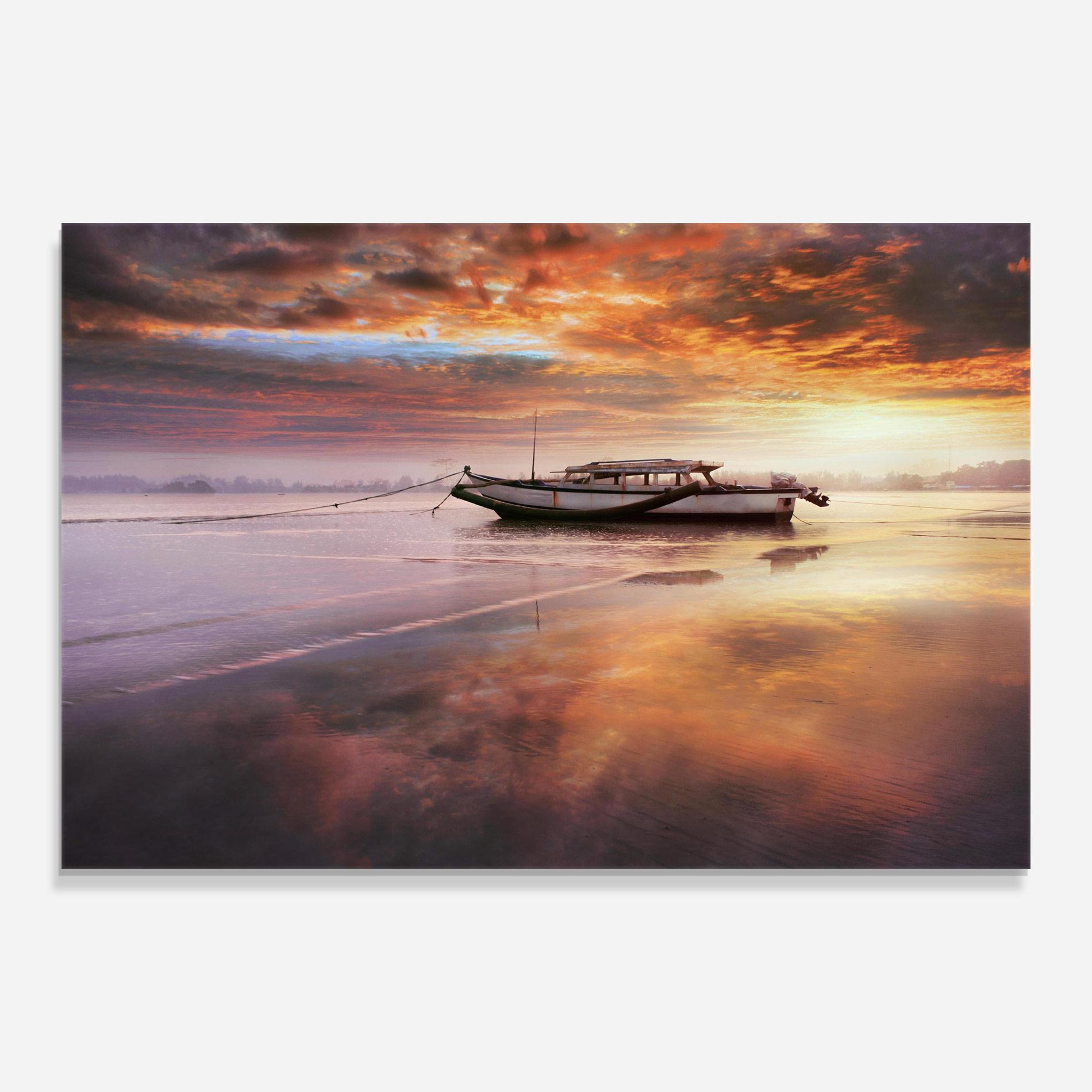Tablou Sticla Beauty Boat Sunrise mockup 0