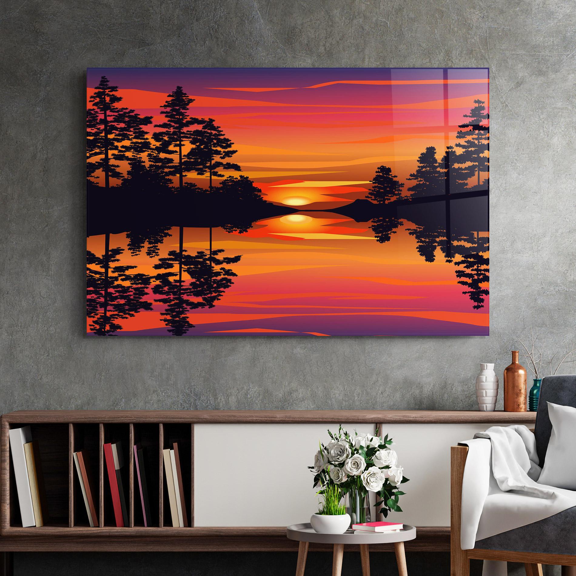 Tablou Sticla Sunset Forest Reflection mockup 2