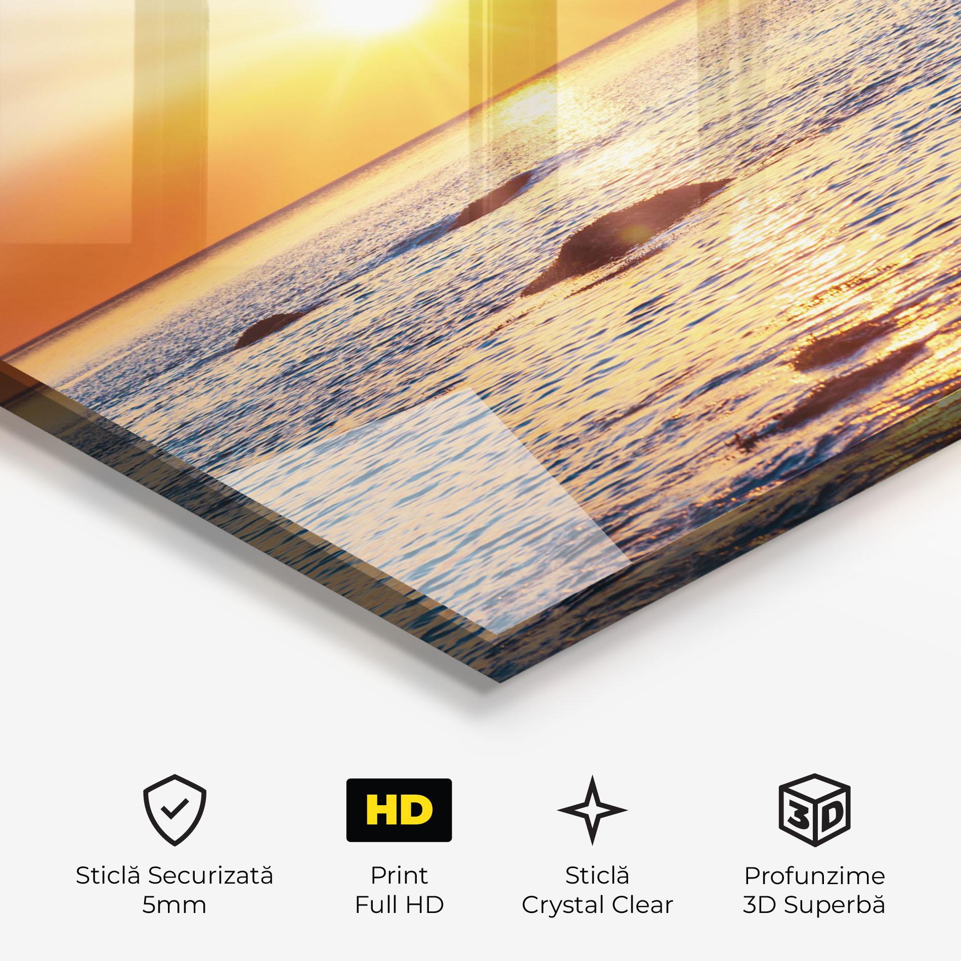 Tablou Sticla Sunset Beach Rocks mockup 3