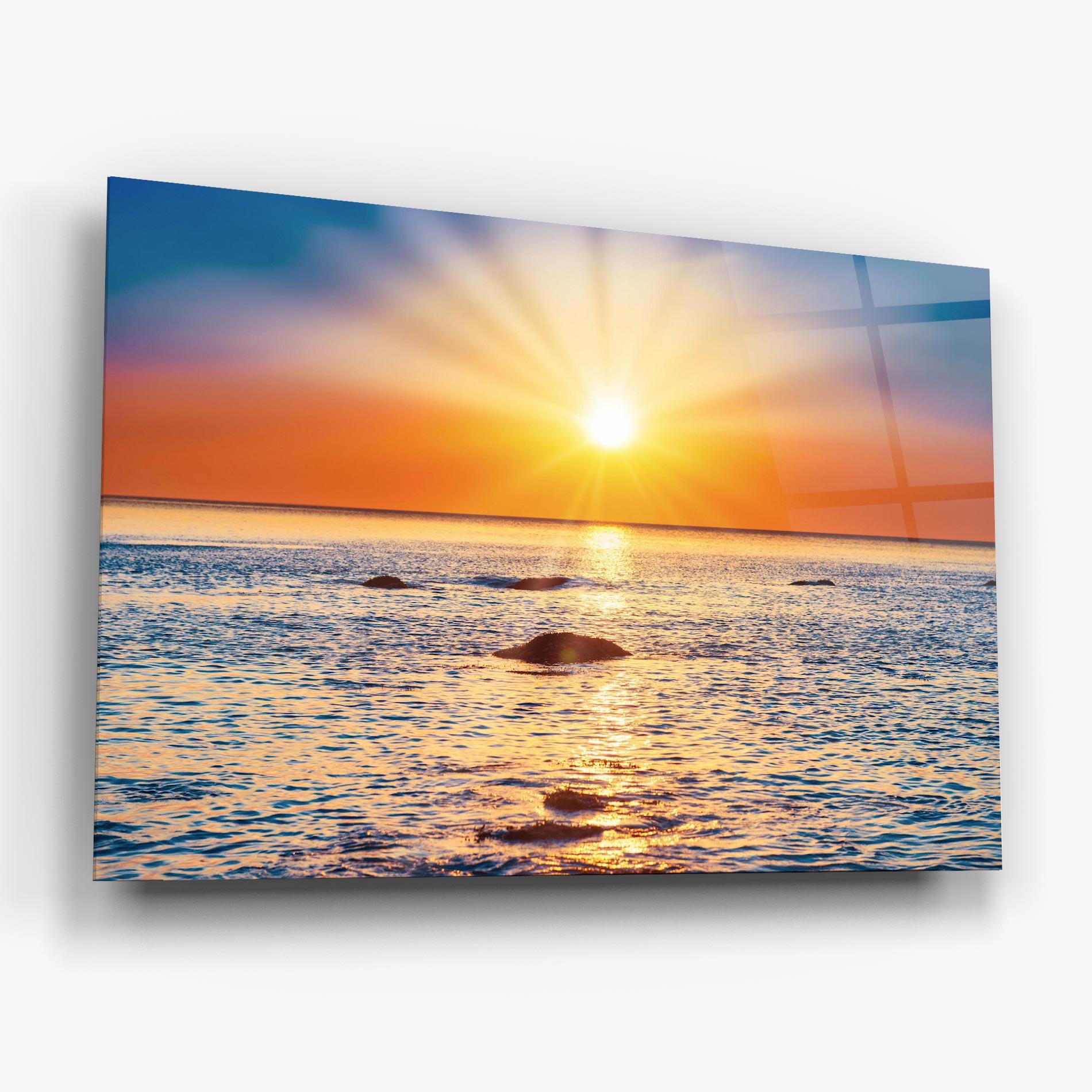 Tablou Sticla Sunset Beach Rocks mockup 6