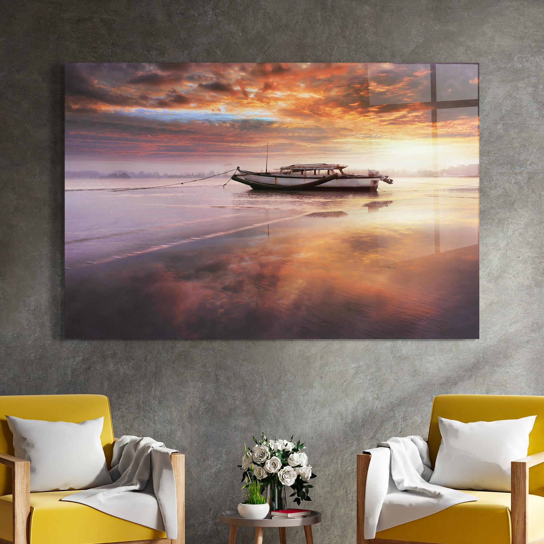 Tablou Sticla Beauty Boat Sunrise mockup 4