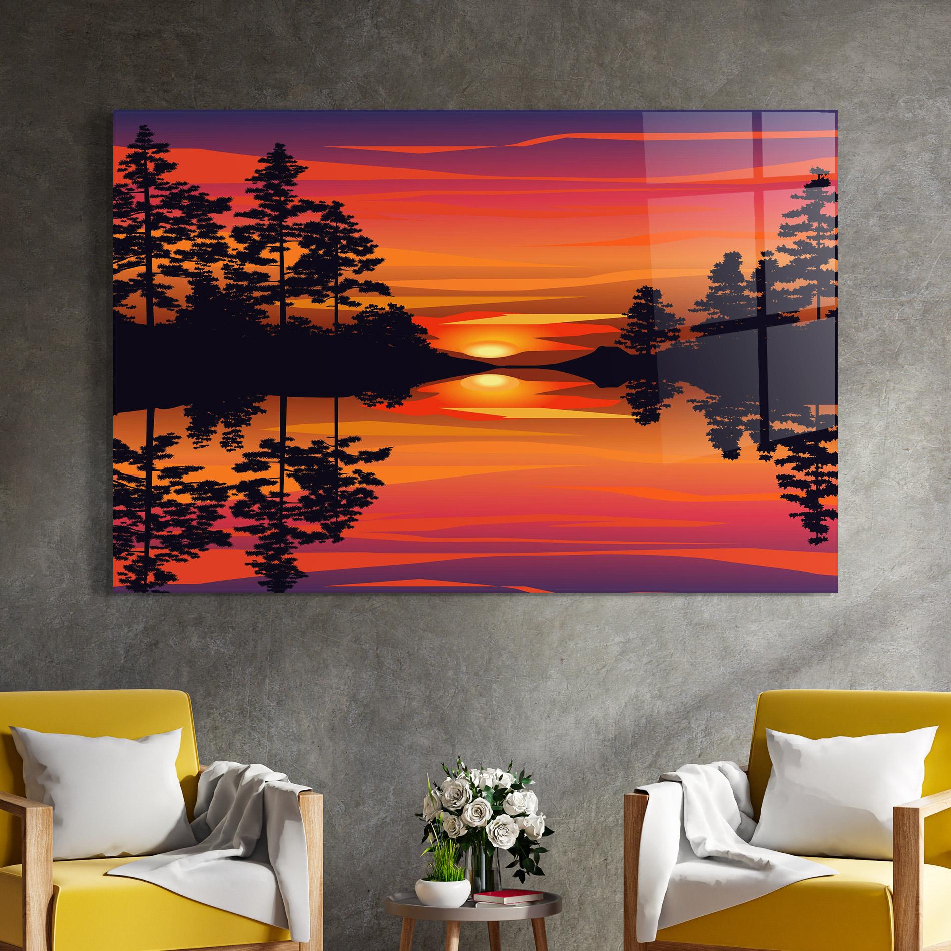 Tablou Sticla Sunset Forest Reflection mockup 4