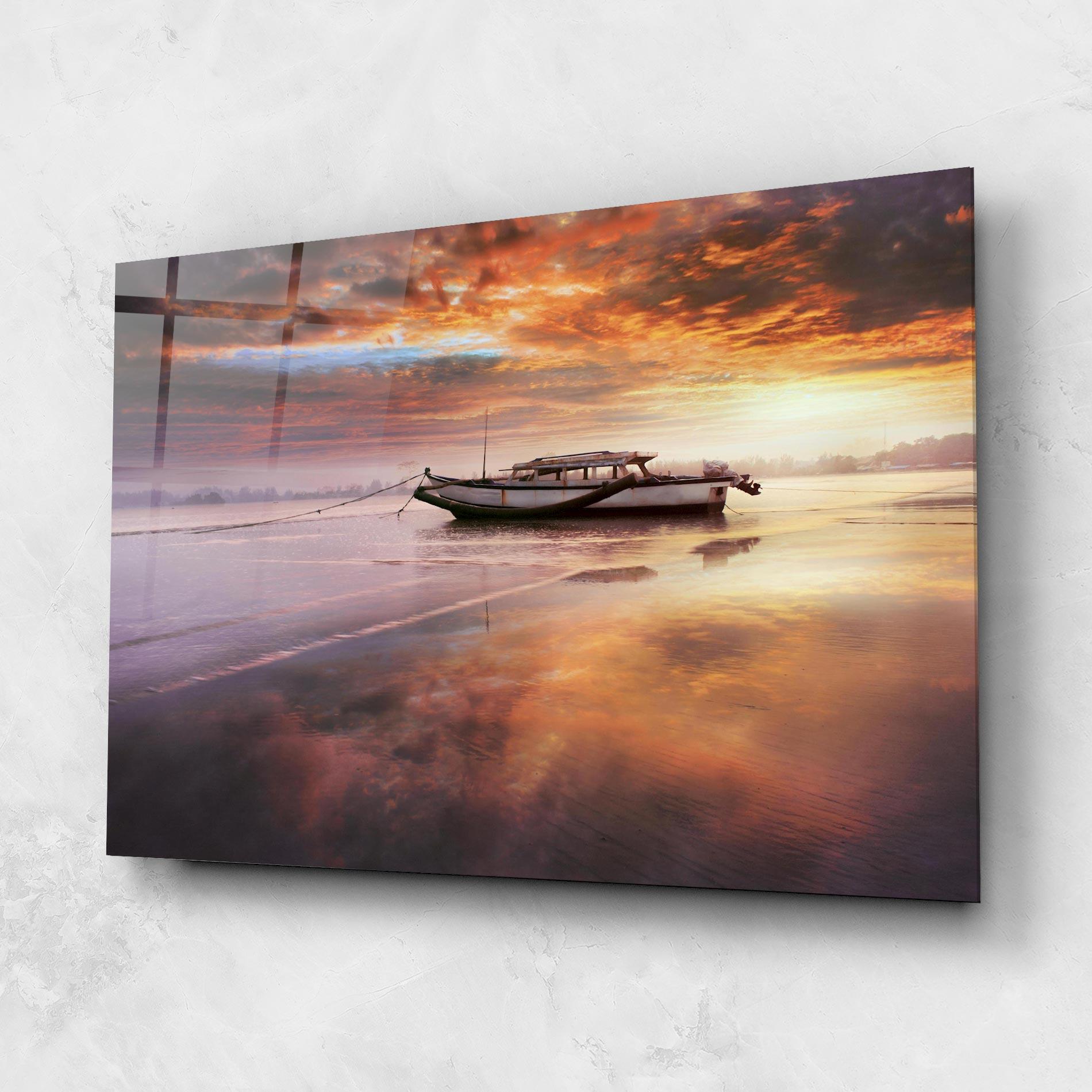Tablou Sticla Beauty Boat Sunrise mockup 1