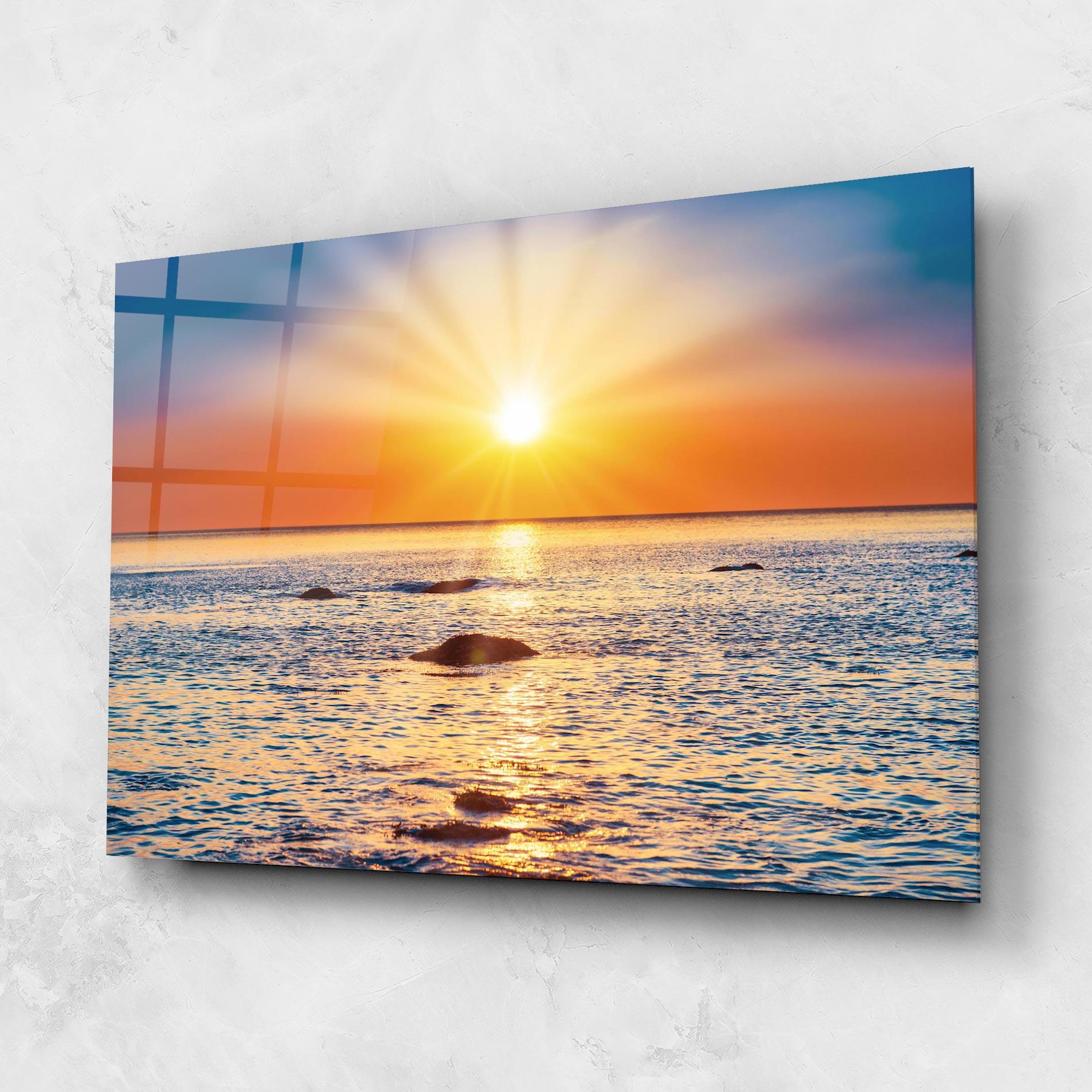 Tablou Sticla Sunset Beach Rocks mockup 1