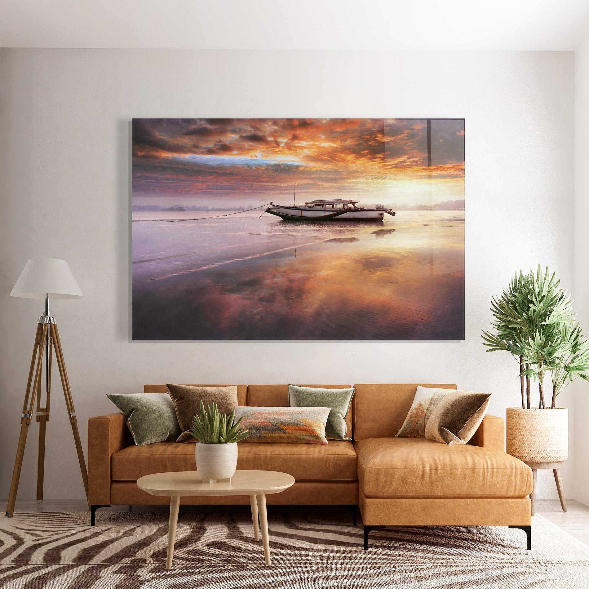 Tablou Sticla Beauty Boat Sunrise mockup 7