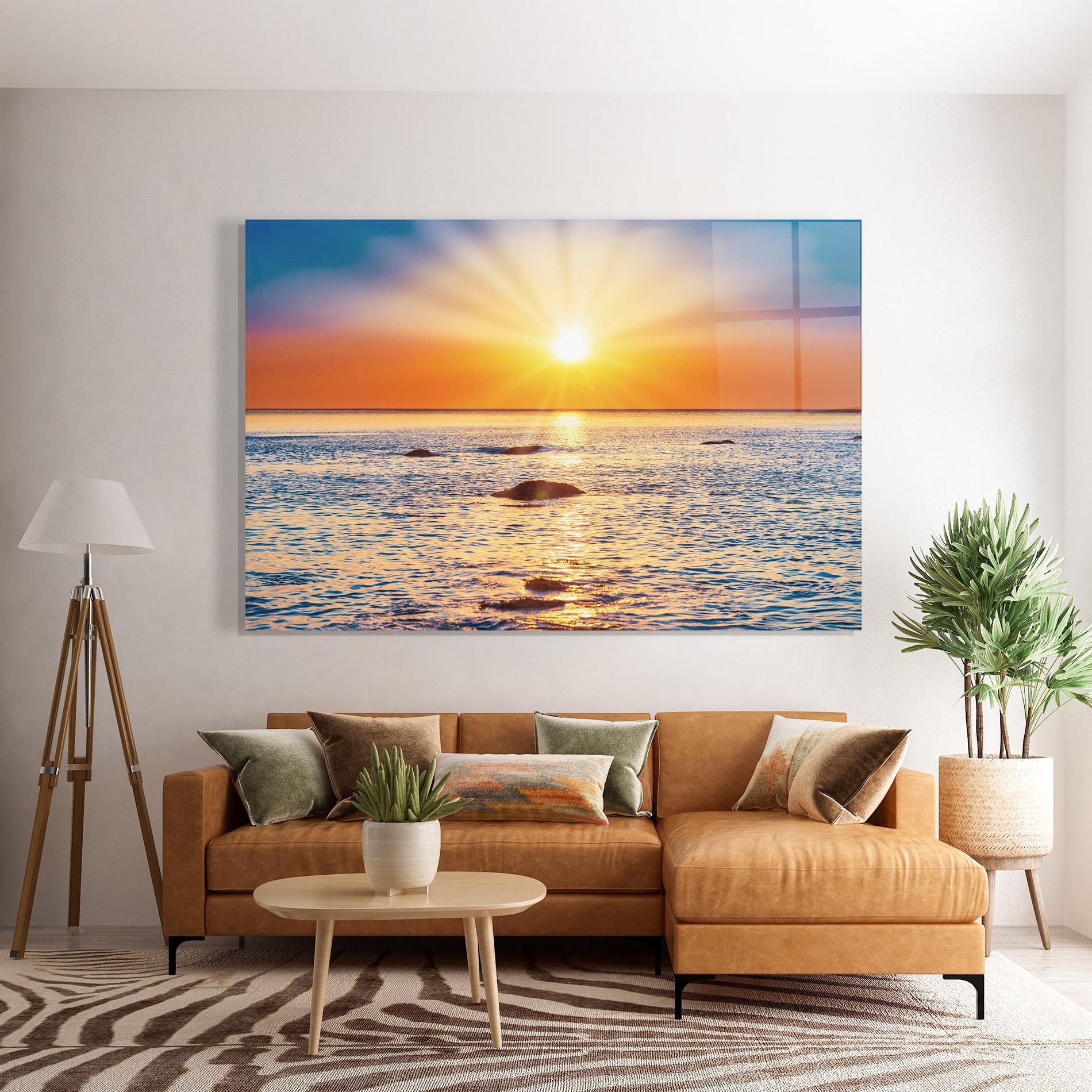 Tablou Sticla Sunset Beach Rocks mockup 7