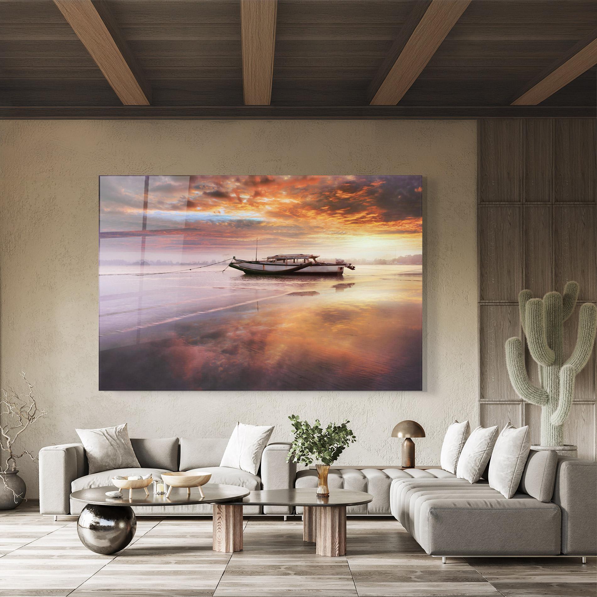 Tablou Sticla Beauty Boat Sunrise mockup 8