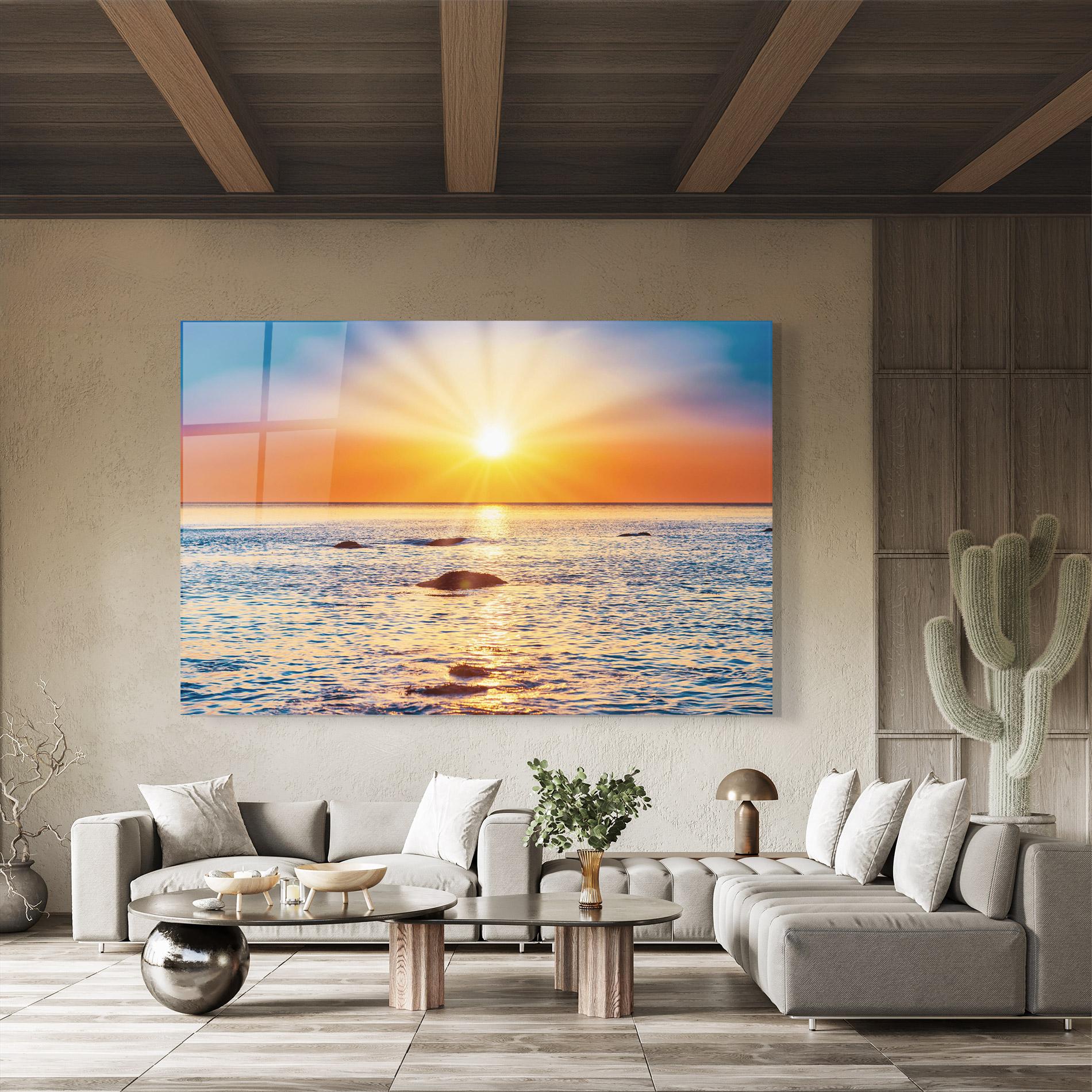 Tablou Sticla Sunset Beach Rocks mockup 8
