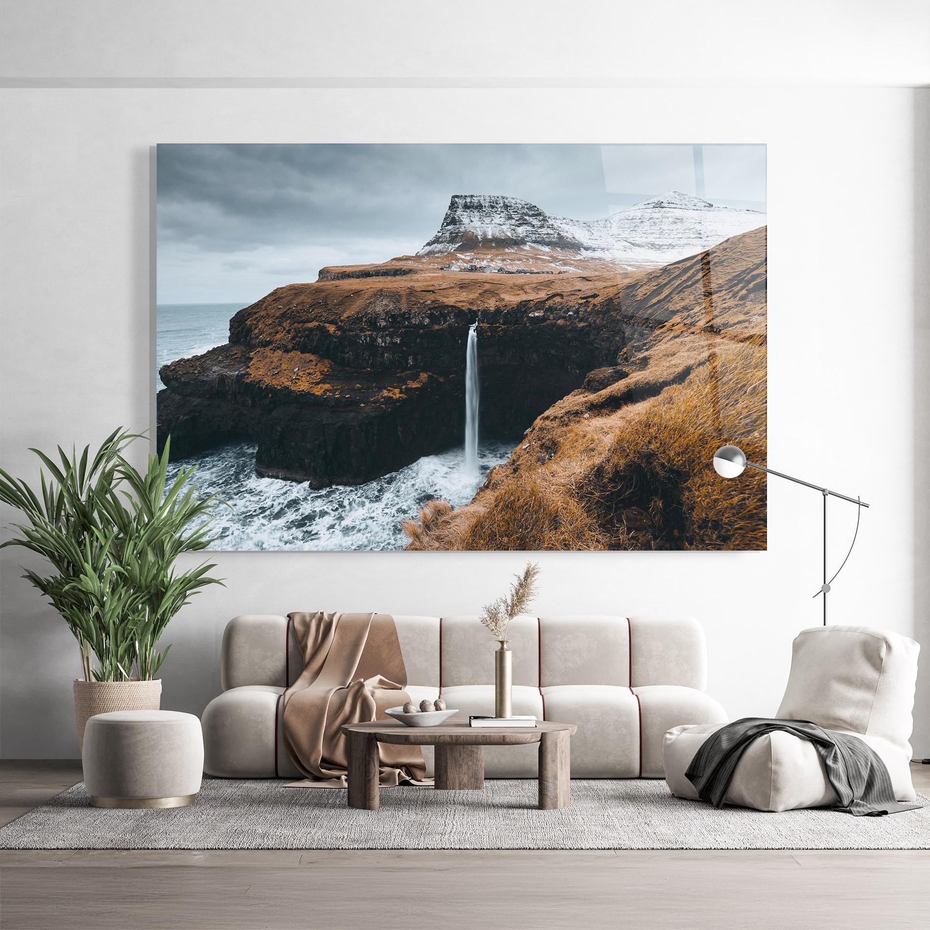 Tablou Sticla Black Houses Waterfall mockup 9