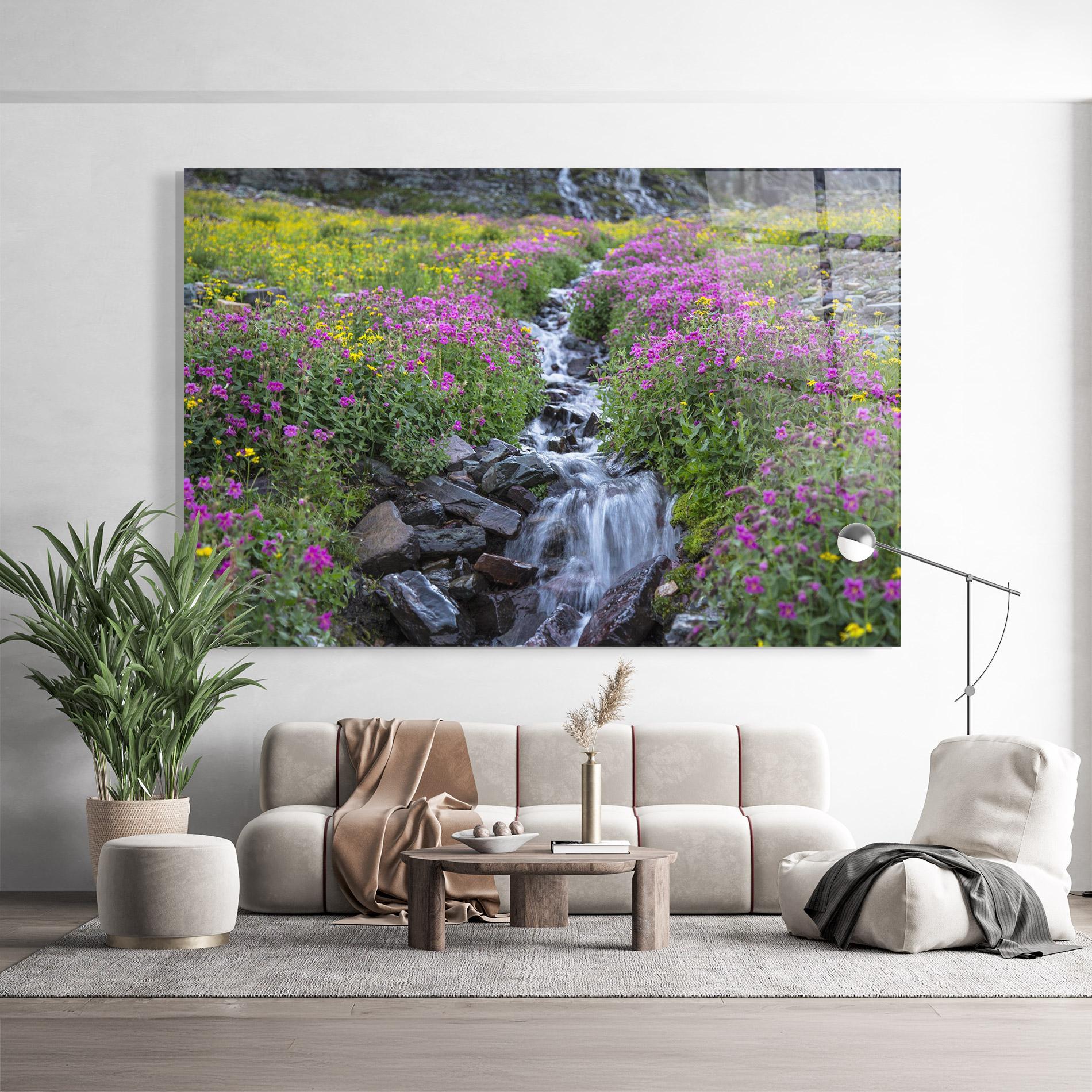 Tablou Sticla Purple Field Waterfall mockup 9