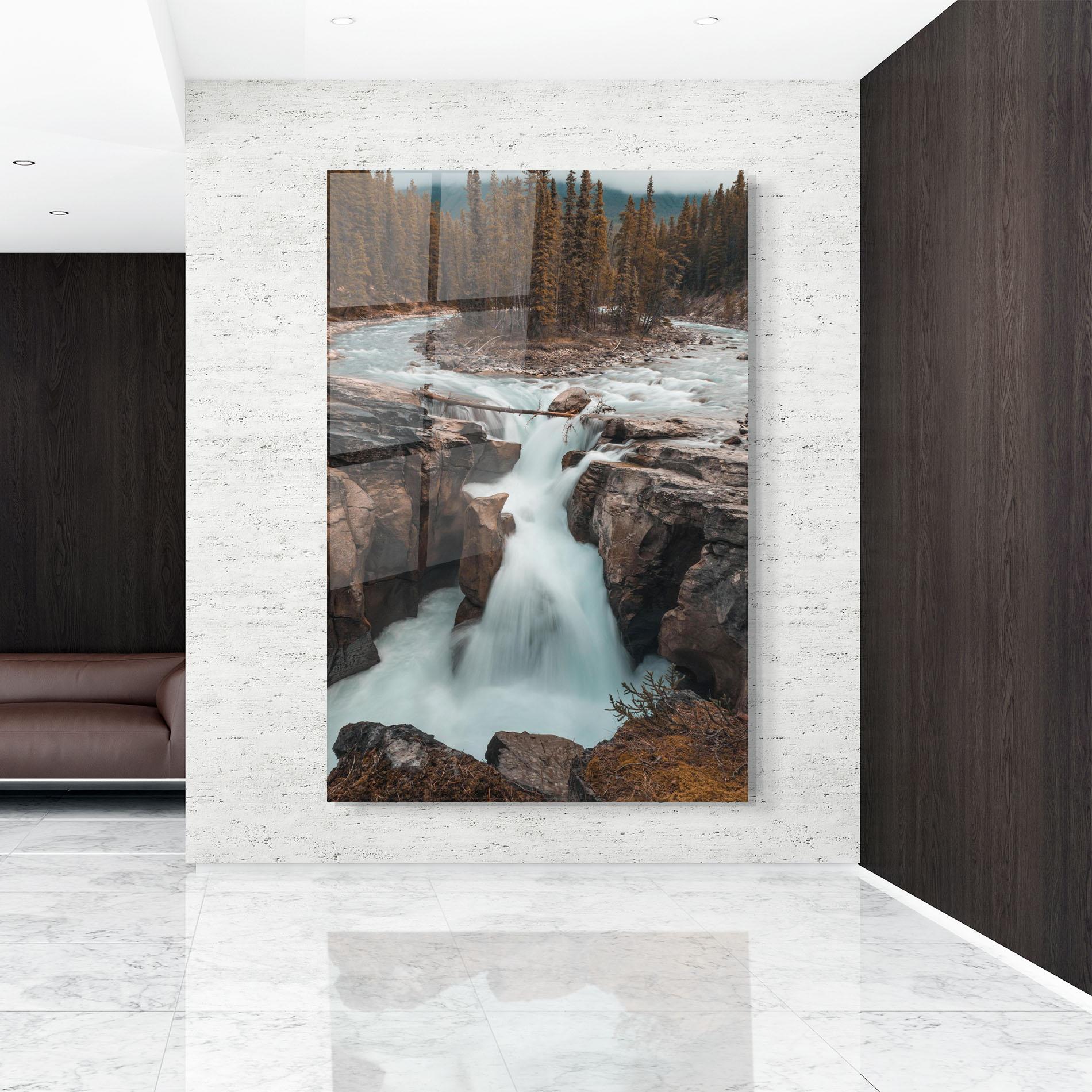 Tablou Sticla Orange Trees Waterfall mockup 9