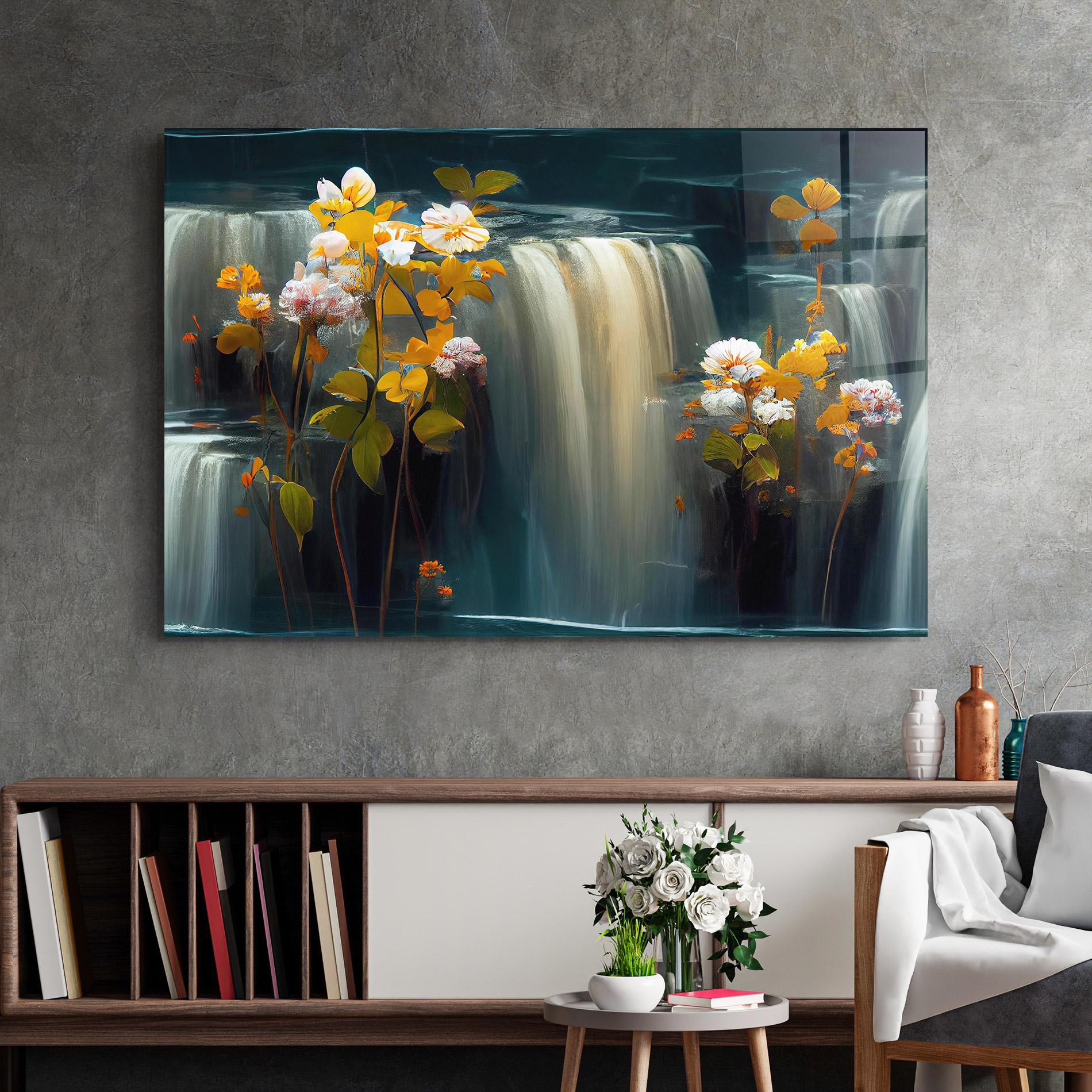 Tablou Sticla Flowers Waterfall mockup 2