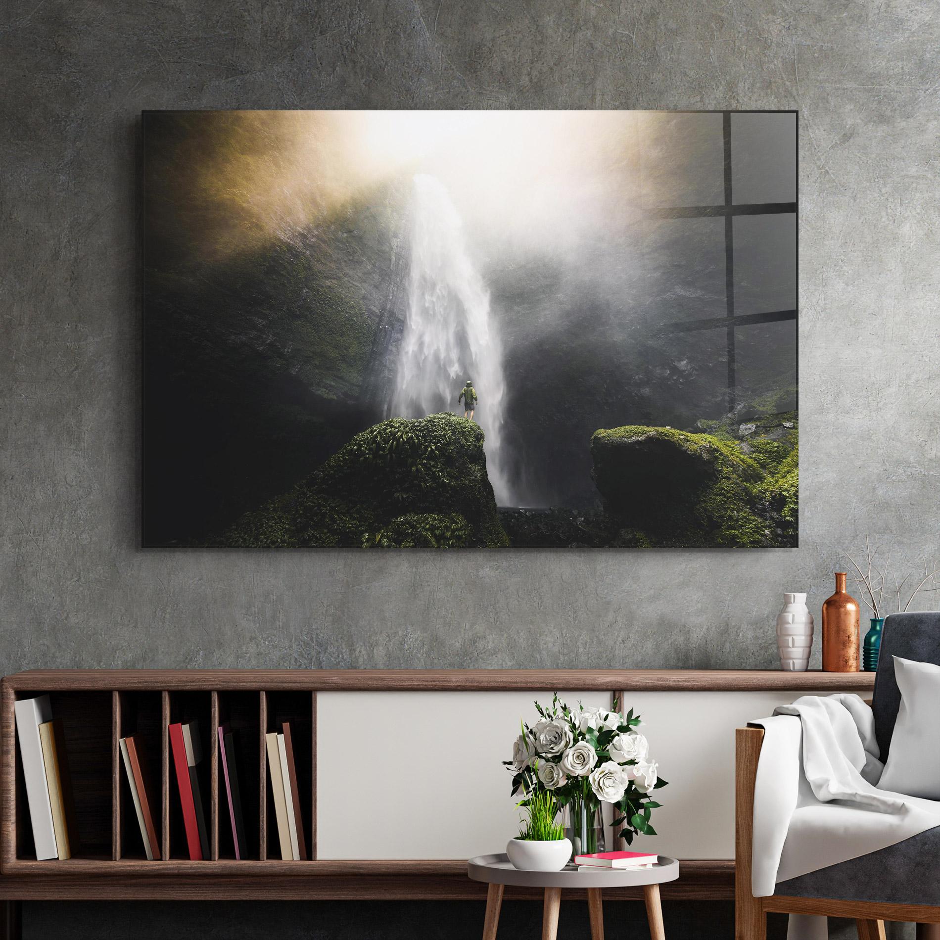 Tablou Sticla Green Man Waterfall mockup 2